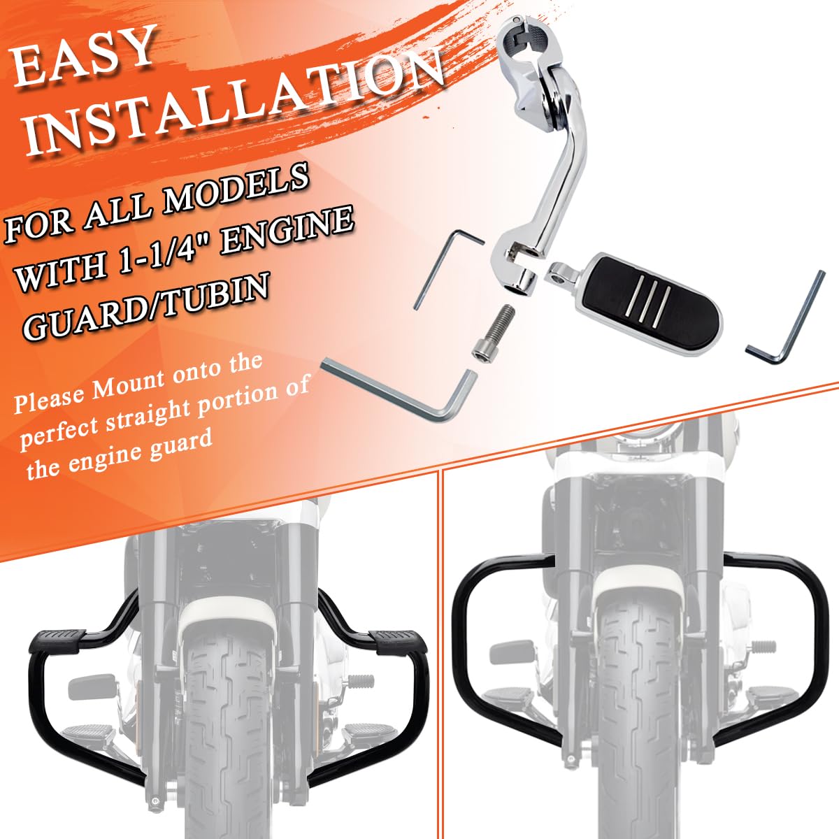 Fovplue 1.25' Highway Footpegs,Long Angled Adjustable Highway Pegs W/Mounts For Harley Touring Street Glide Electra Glide Road King Softail Cvo Dyna Trike Vrsc Sportster W/32Mm Engine Guard,Chrome#3