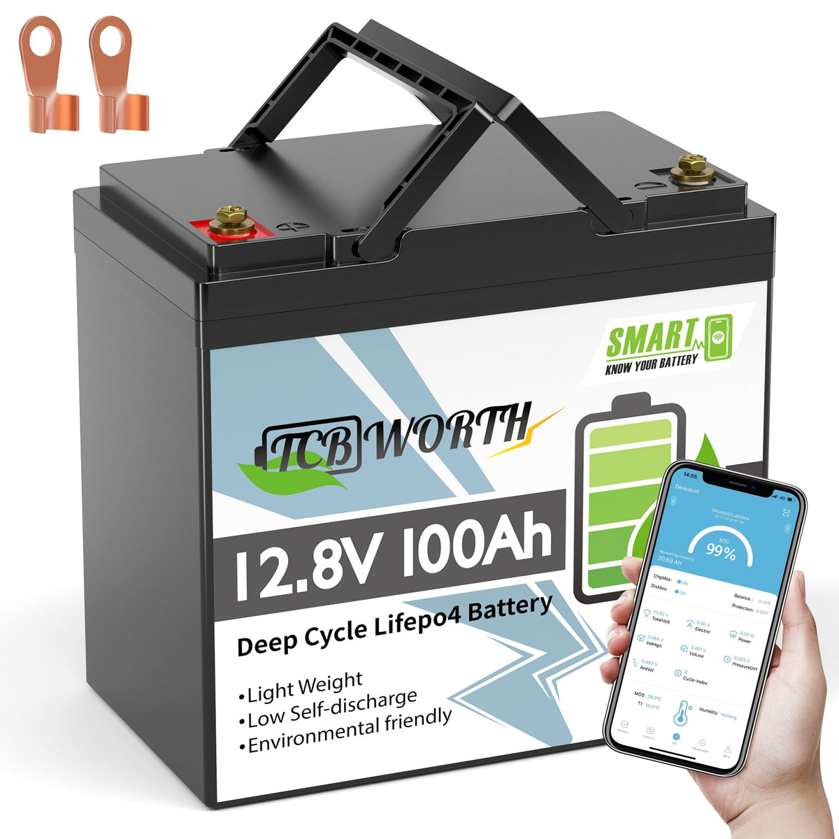 TCBWORTH 12V Lithium Battery 100Ah Mini, Rechargeabel Deep Cycle LiFePO4 Batteries, 100A Bluetooth BMS with Low-Temp Protection,