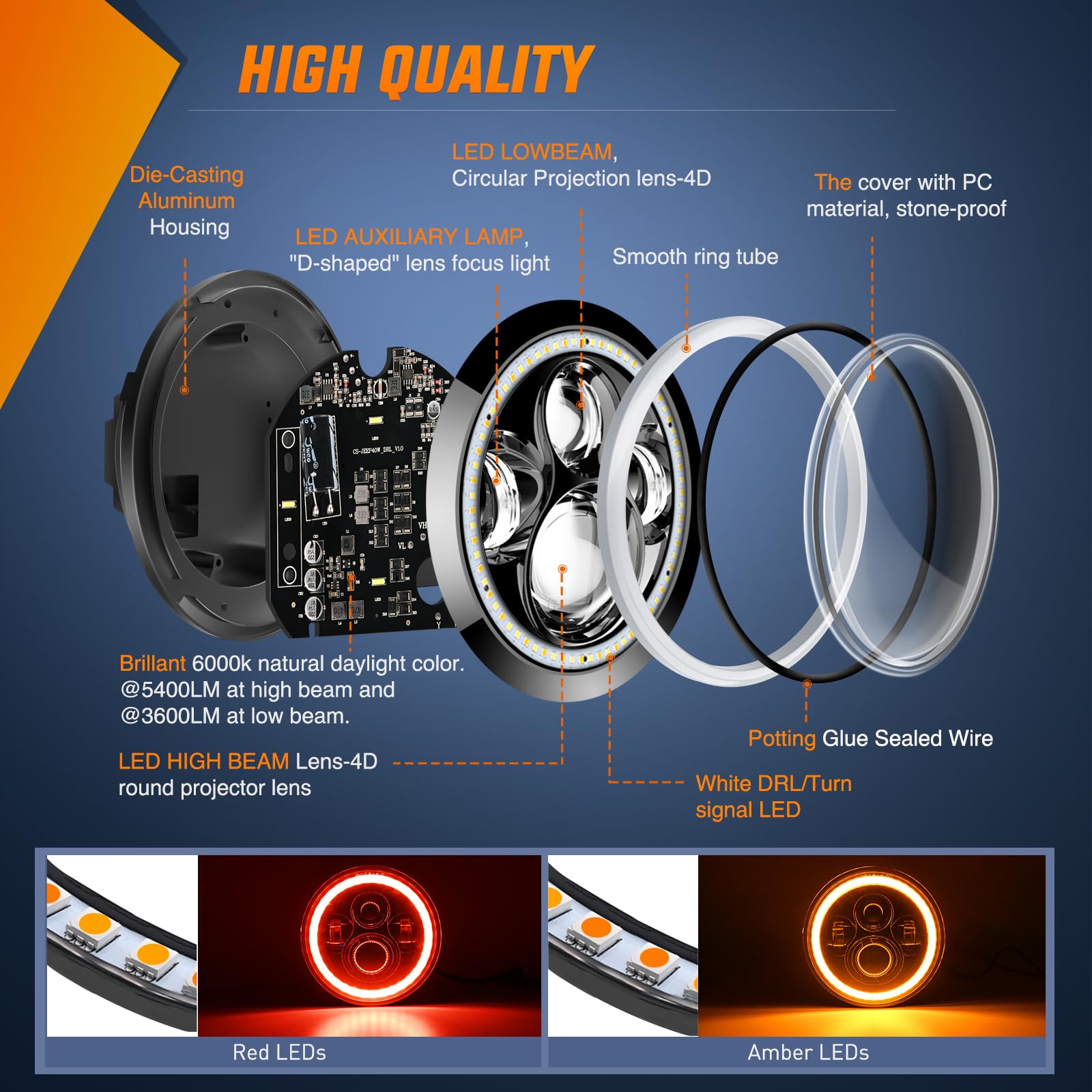 Nilight 7 Inch Round Led Halo Headlights W/Turn Signal Amber Light Red Drl High Low Beam 7    Headlight Compatible With 2007 200