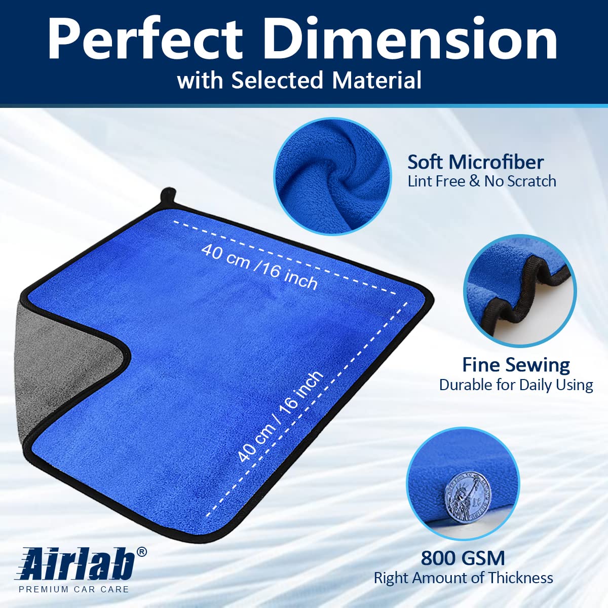 Airlab 800GSM Microfiber Towels for Cars - Super Absorbent, Lint & Streak Free, 16x16, Blue, Pack of 4