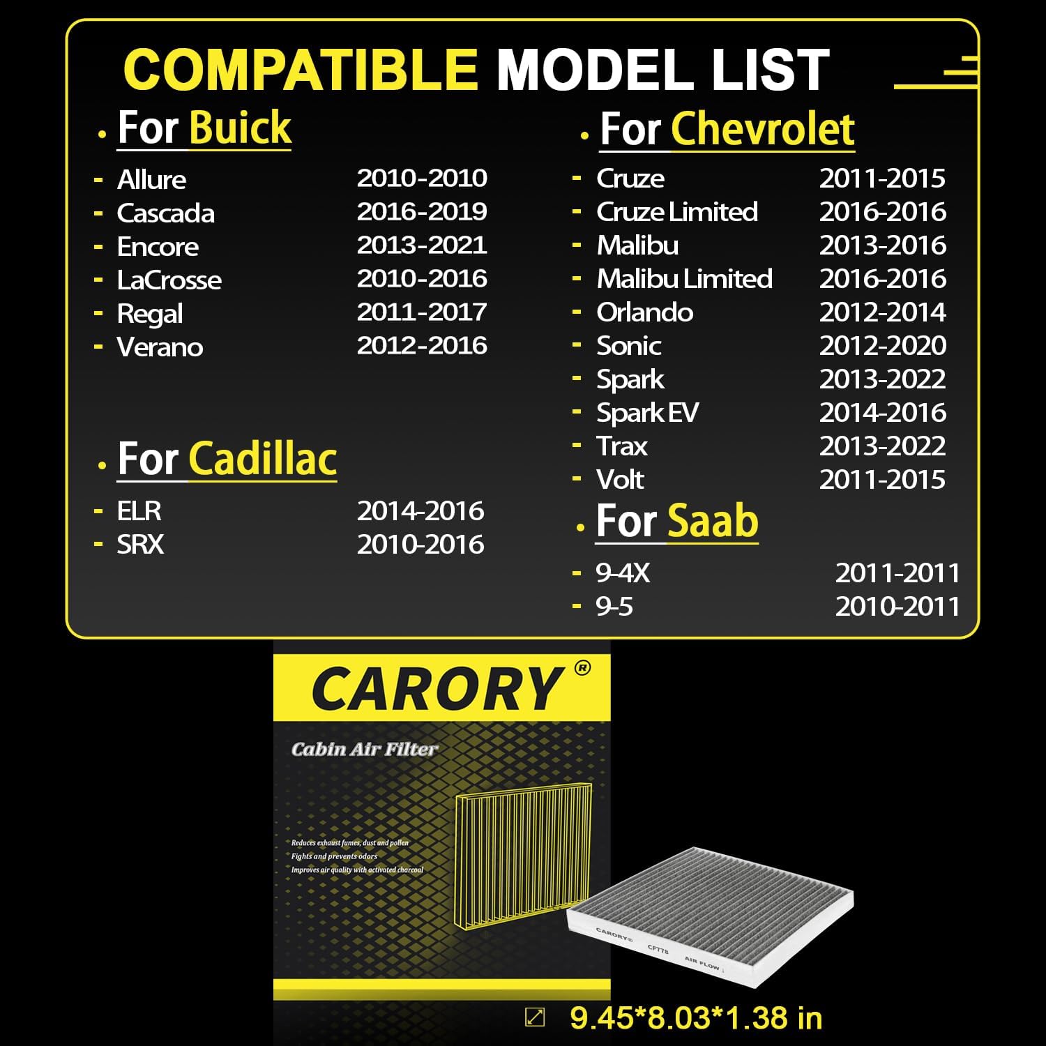 CARORY Cabin Air Filter w/Activated Carbon for Buick Encore 13-21, Regal 11-17, LaCrosse 10-16, Cadillac SRX 10-16, Chevy Cruze