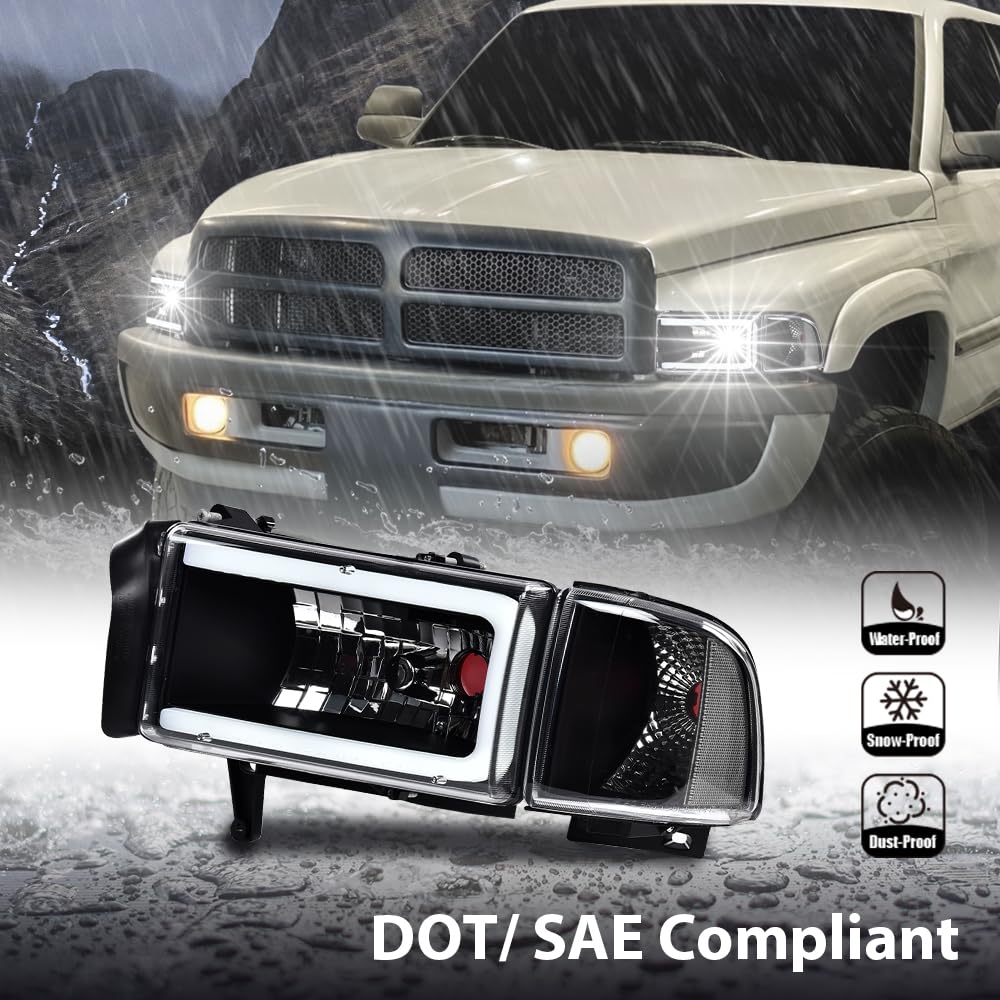 G-Plus Led Light Strip Headlights W/O Bulbs Compatible With Dodge Ram 1500 1994-2001/Fit Dodge Ram 2500 3500 1994-2002 Headlamps