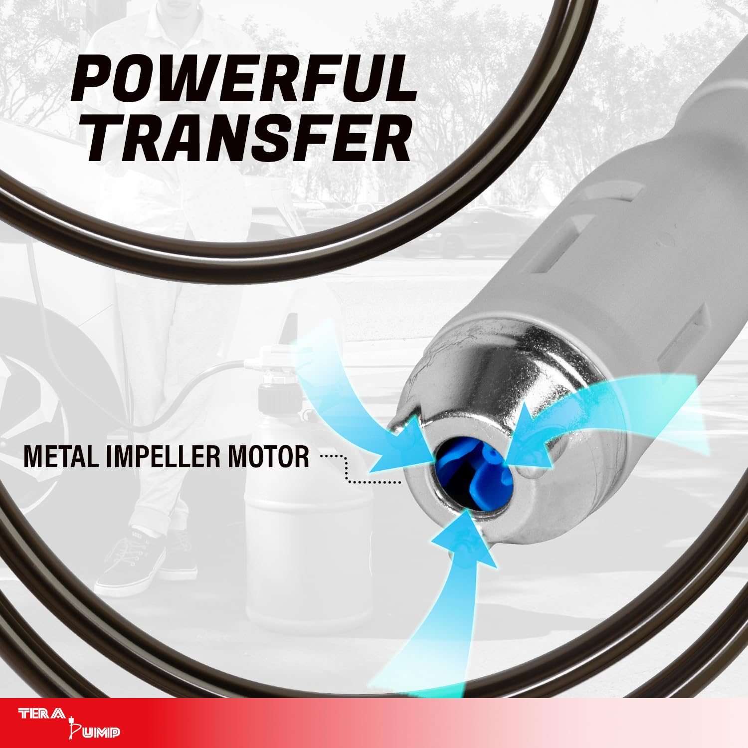 TERA PUMP Next Generation Rain-Resistant Gas Fuel Pump - 4.25-ft Long Vinyl Hose, Battery-Powered Electric Siphon Pump with Auto