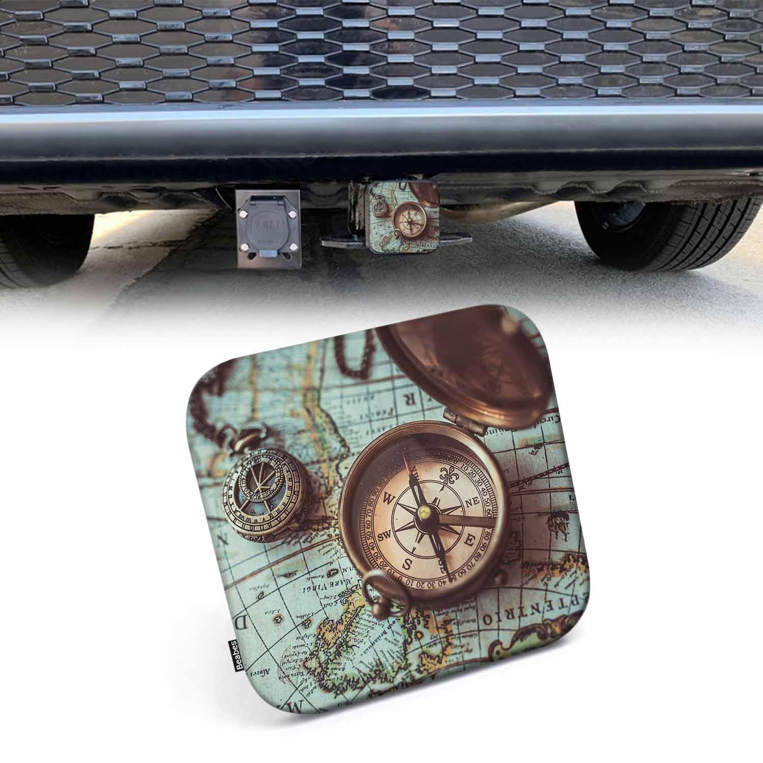 Beabes Trailer Hitch Covers Compass, Ancient World Map Compass Necklace Anti-Loss Hitch Cover Fits 2 Hitch Receivers for Trucks,