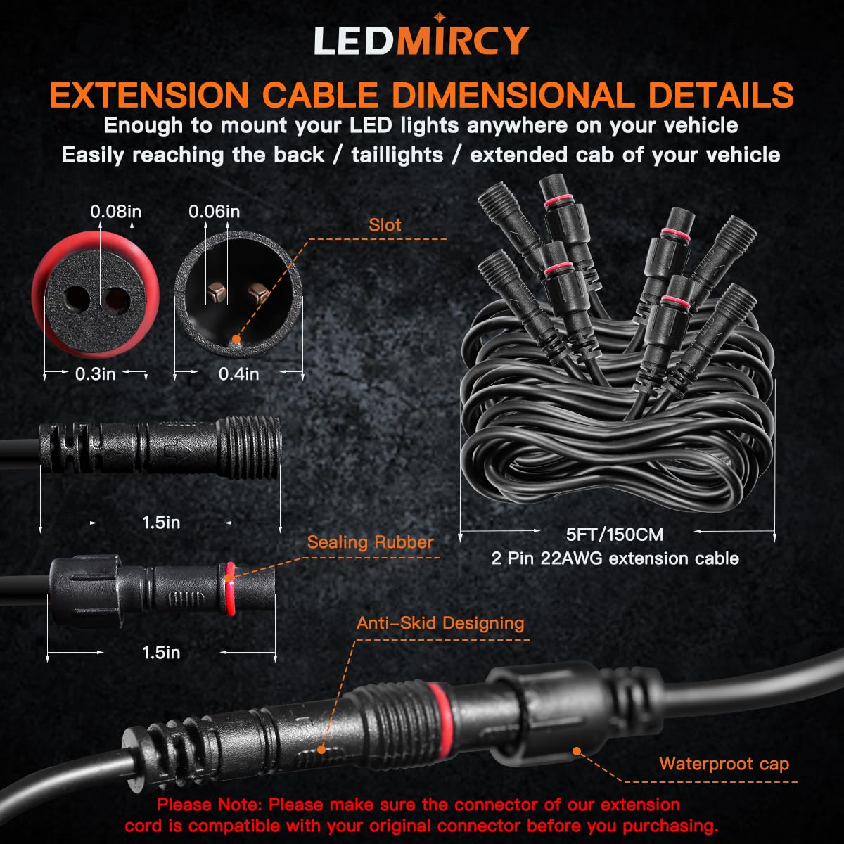 LEDMIRCY LED Rock Lights Extension Cable Wire Cord 2Pin Waterproof 4PCS 5ft 22AWG with Male to Female Connectors 11mm Nut Size f