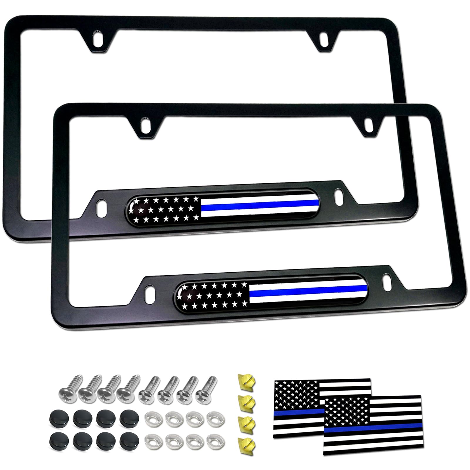 Aootf Police Thin Blue Line License Plate Frames- 2 Pack American Flag Matte Black Aluminum Patriotic Car Tag Cover Holder With