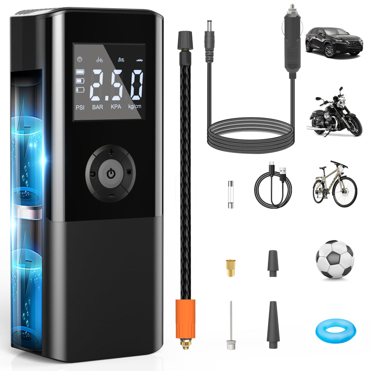 AOKBON Mini Portable Air Compressor 150 PSI Rechargeable Electric Air Pump DC12V Tire Inflator with Digital Display LED Light US