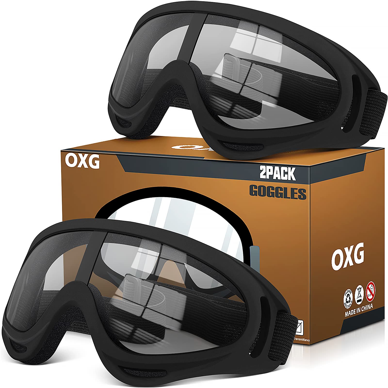 Oxg 2 Pairs Motorcycle Goggles Fit Helmet, Atv Ski Goggles Anti-Uv Dustproof Windproof Dirt Bike Goggles For Youth Men Women (Clear)