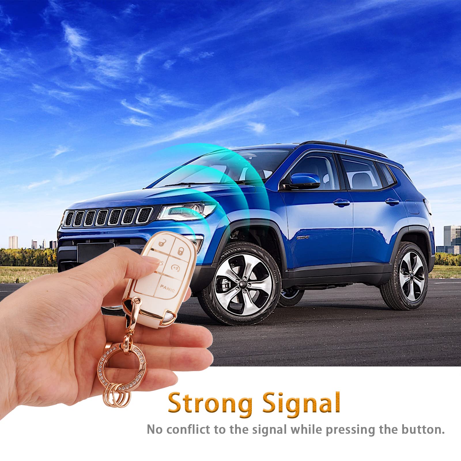 Ekala For Jeep Key Fob Cover Soft Tpu Full Protection Smart Key Case Shell With Bling Keychain Fit For Jeep Grand Cherokee Compass Renegade Dodge Chrysler 5 Buttons Smart Key Case Holder (R-Jep-W)