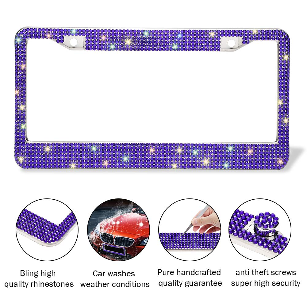 Otostar 7 Row Pure Handmade Waterproof Bling Bling Rhinestones Stainless Steel Metal License Plate Frame 2 Holes With Matching S