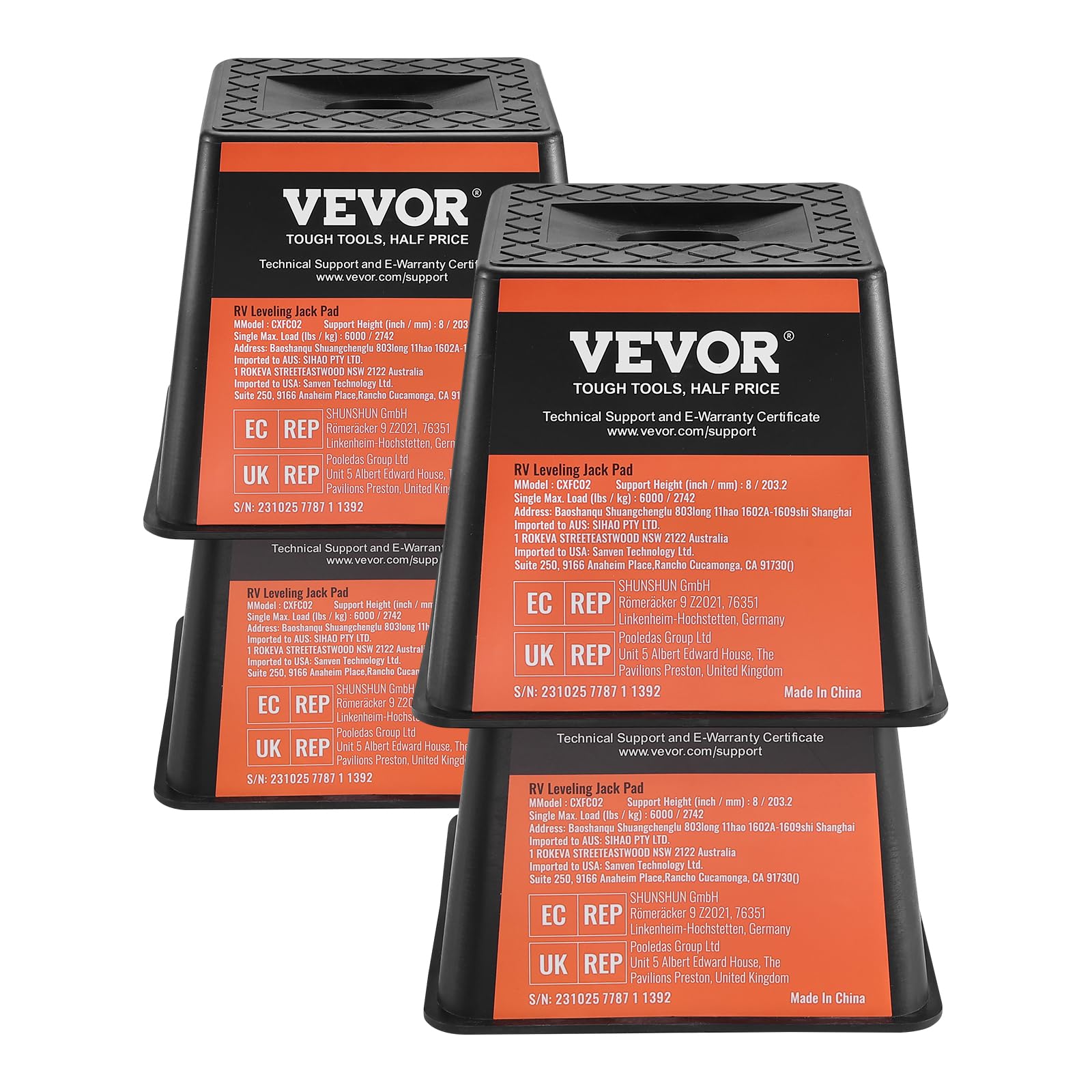 Vevor Trailer Jack Block, 6000 Lbs Capacity Per Rv Leveling Block, Polypropylene Rv Camper Stabilizer Blocks, Rv Travel Accessories Use For Any Tongue Jack, Post, Foot, 5Th Wheels, 4-Pack