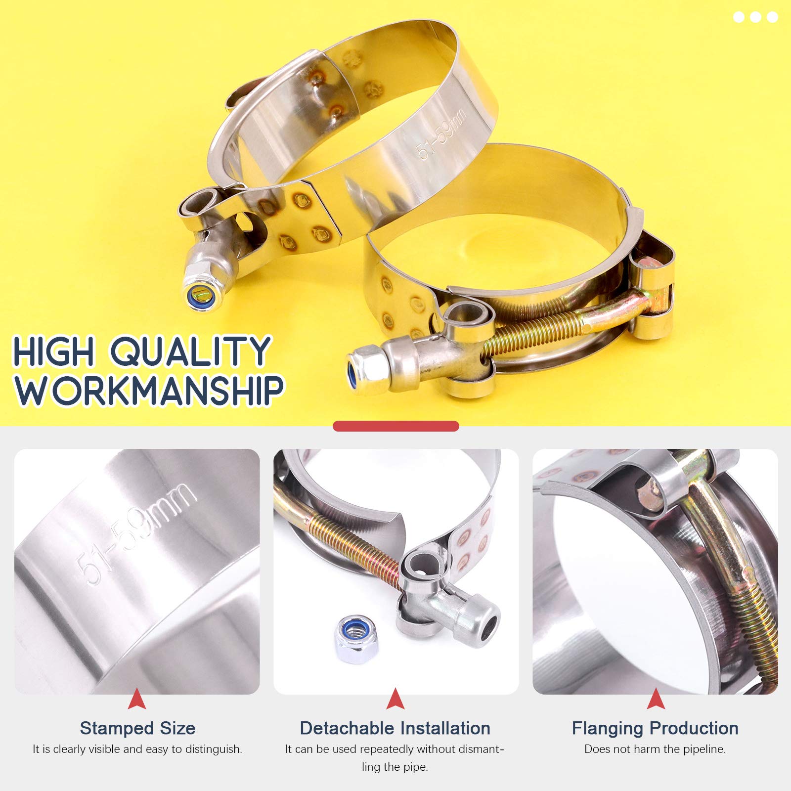 Hilitchi 5Pcs Stainless Steel T-Bolt Clamps With Rounded Band Edges Heavy Duty Turbo Intake Intercooler Clamp (51-59Mm) For 1 3/