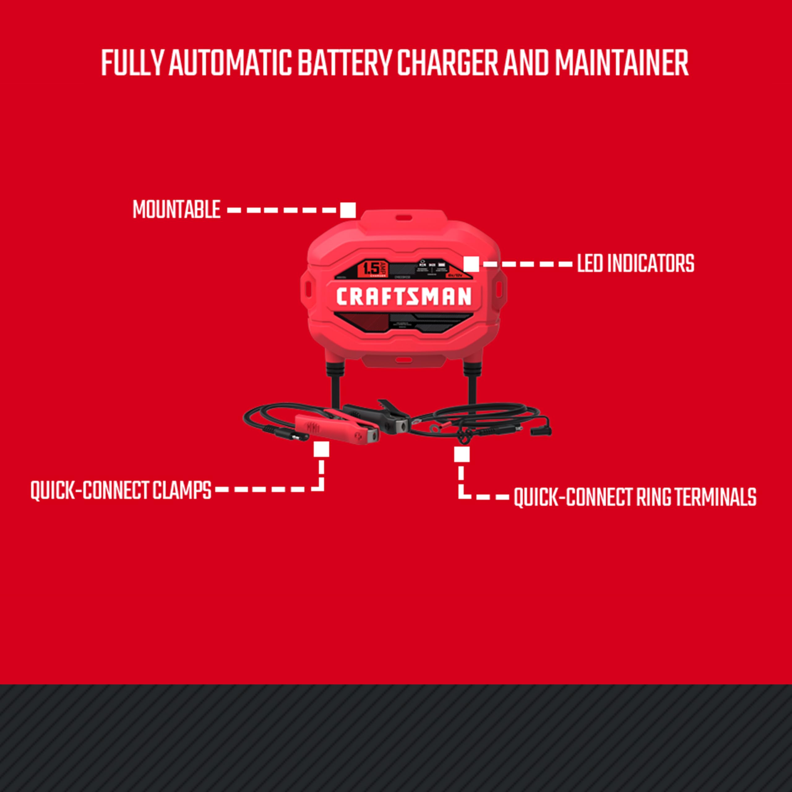 Craftsman 3-In-1 Fully Automatic Automotive Battery Charger, Maintainer, And Desulfator, Cmxcesm259, 1.5 Amps, 6 Volt & 12 Volt, For Power Sport, Motorcycle, Car, And Boat Batteries