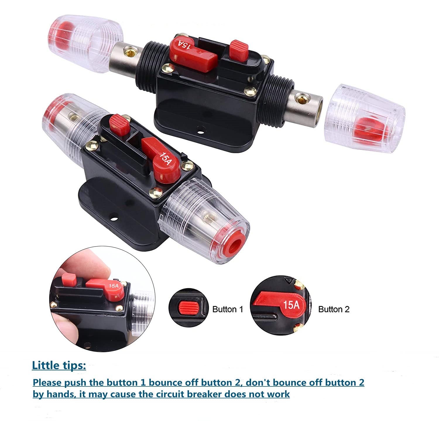 Bumbesti 15 Amps Fuse Holders 15-150A Inline Circuit Breaker Manual Reset Fuses 12V-24V Dc For Automotive Marine Boat Audio Sola