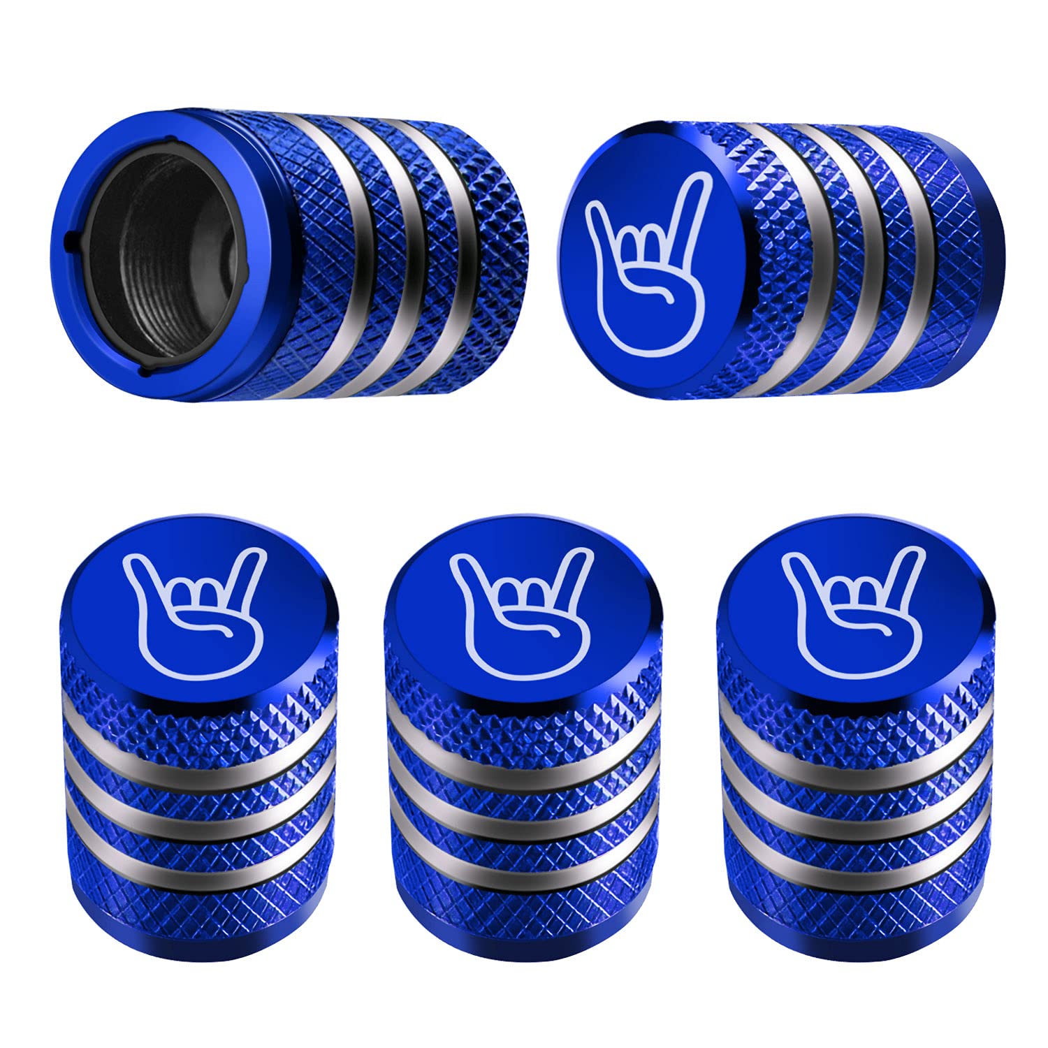 Tire Valve Stem Cap Cover - (5 Pack) Tire Air Cap Metal With Plastic Liner Corrosion Resistant Leak-Proof Rock And Roll For Car Truck Motorcycle Bike Blue