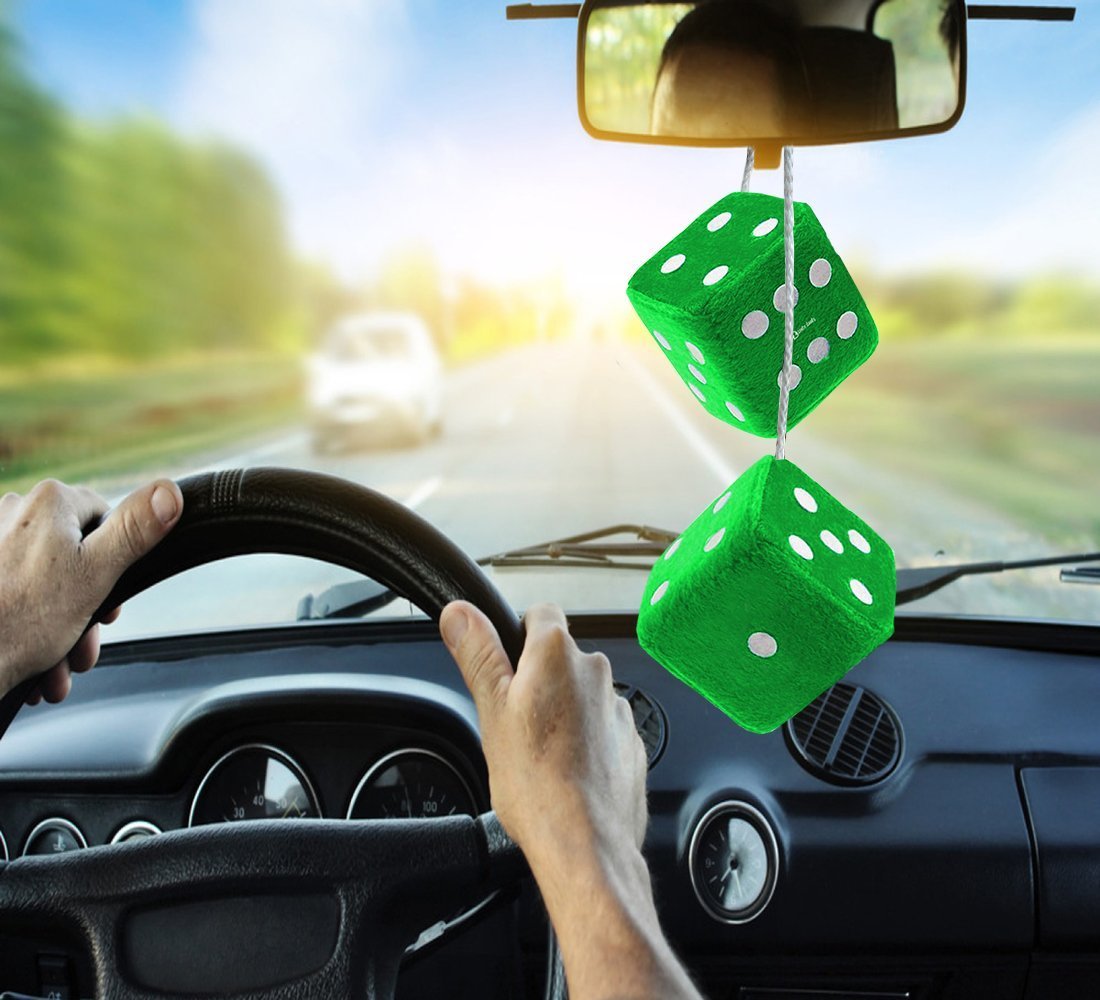 Zento Deals Pair Of Hanging Black Dots Fuzzy Dices Nostalgic Retro (Green)