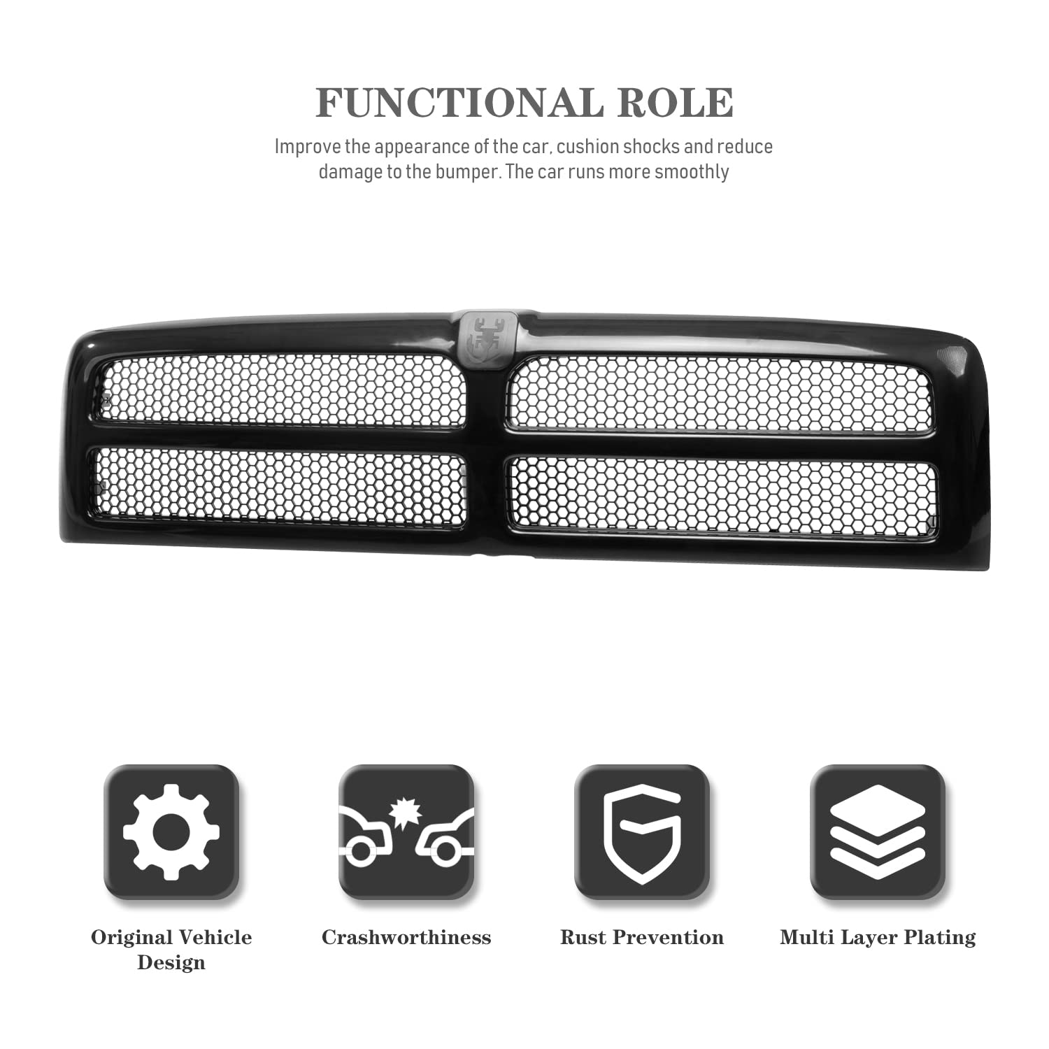 Carpartsdepot Black Frame Honeycomb Mesh Style Front Upper Grille Grill Fit For 1994-2002 Dodge Ram 1500 2500 3500 Pickup Truck,