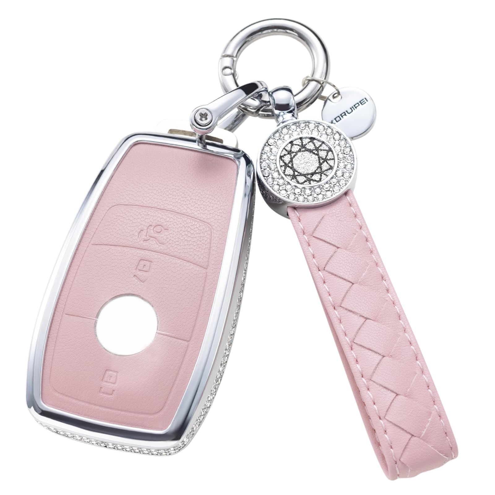 Ruabiban For Mercedes Benz Key Fob Cover With Keychain, Pink Genuine Leather Crystal Key Case Protection Shell Compatible With M