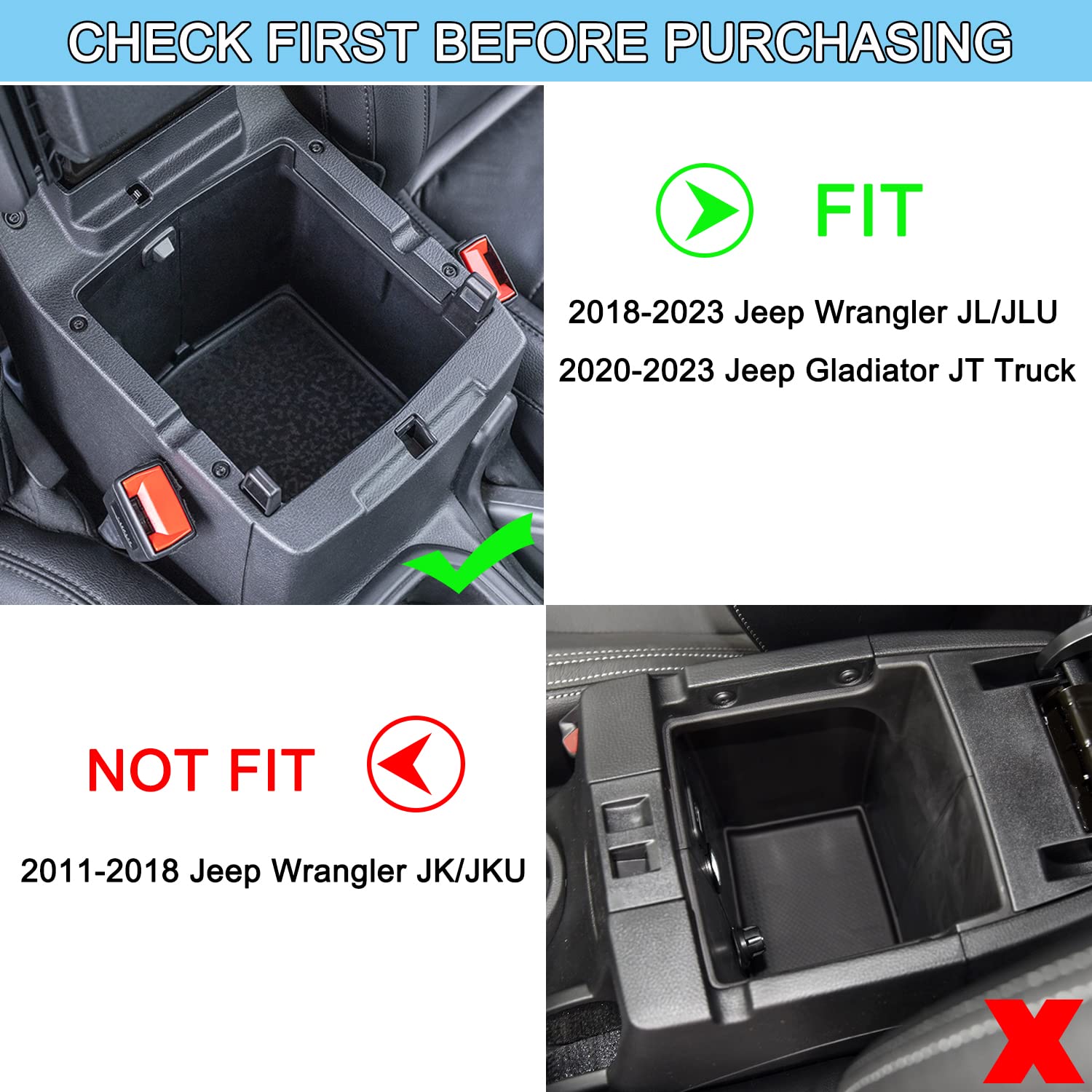 Pimcar Center Console Organizer Compatible With Jeep Wrangler Jl/Jlu 2018-2022 2023 & Jeep Gladiator Jt Truck 2020 2021 2022 2023 Armrest Storage Interior Accessories (Not For Jk/Jku)-Black Trim
