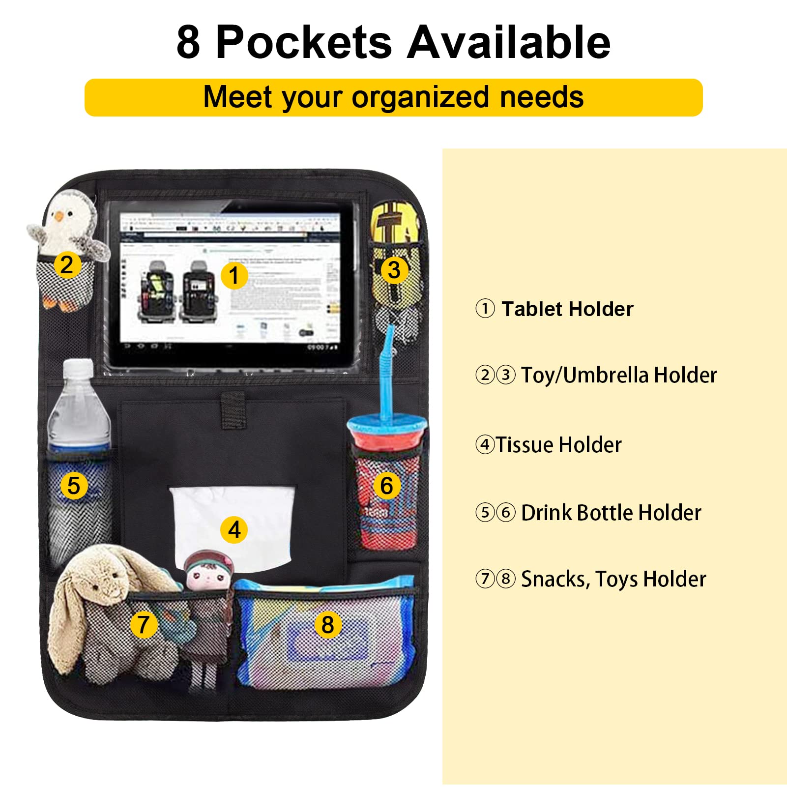 JUCAINHI Backseat Car Organizer 2 PCS - Black Storage with Touch Tablet Holder, Tissue Box, 8 Pockets & Charging Hole - Travel Essential for Kids