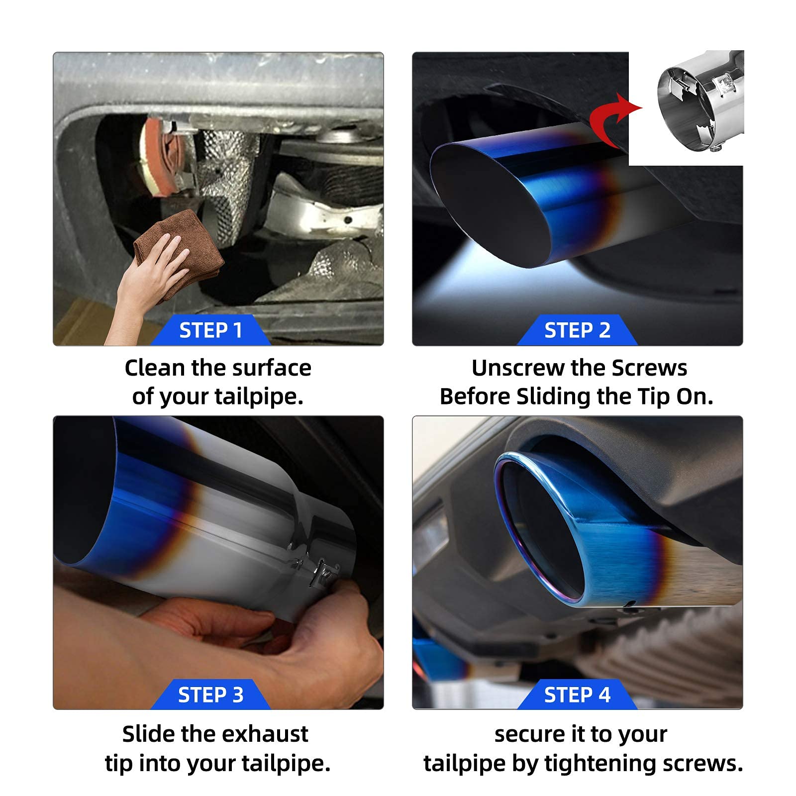 Autosaver88 1.5-2.5 Inch Exhaust Tip, 1.5'-2.5' Inlet 4' Outlet 9' Long Blue Burnt Stainless Exhaust Tip With Clamps And Adapters Fit For 1.5'/1.75'/2.0'/2.25'/2.5' Outer Diameter Tailpipe, Bolt-On