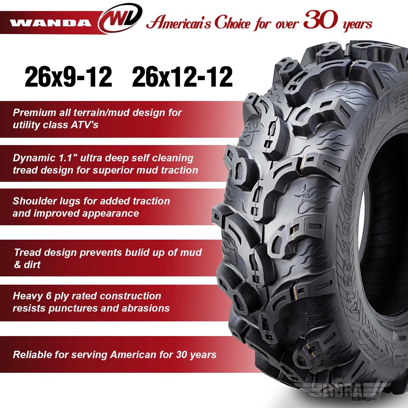 Wanda Set Of 4 New Premium Atv/Utv Tires 26X9-12 Front & 26X12-12 Rear /6Pr Super Lug Mud