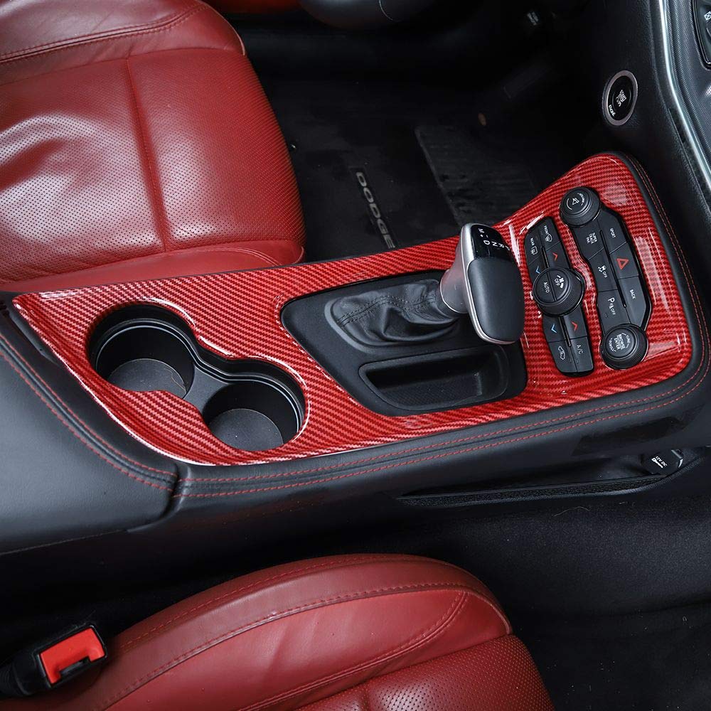 Voodonala For Challenger Gear Shift Panel Trim For 2015-2022 Dodge Challenger, Abs Red/Carbon Fiber
