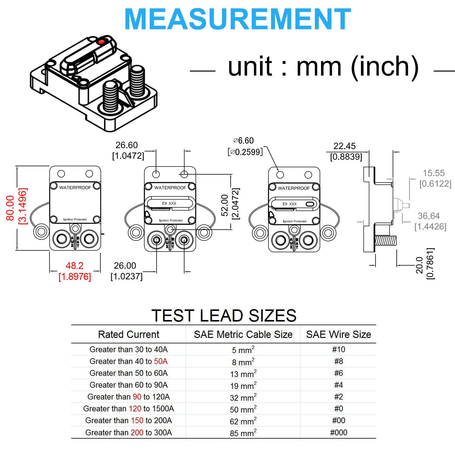 T Tocas 250 Amp 3/8'' Stud Circuit Breaker With Manual Reset For Car Audio Rv Marine Boat Trolling Motors 12V - 48V Dc Waterproo