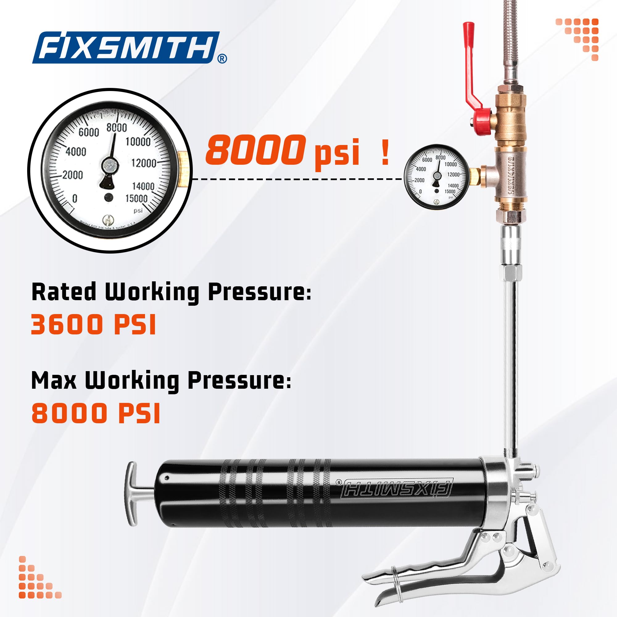 FIXSMITH Grease Gun, 8000 PSI Heavy Duty Pistol Grip Grease Gun Kit, Includes 12'' Reinforced Flexible Hose & 6.6'' Rigid Extens