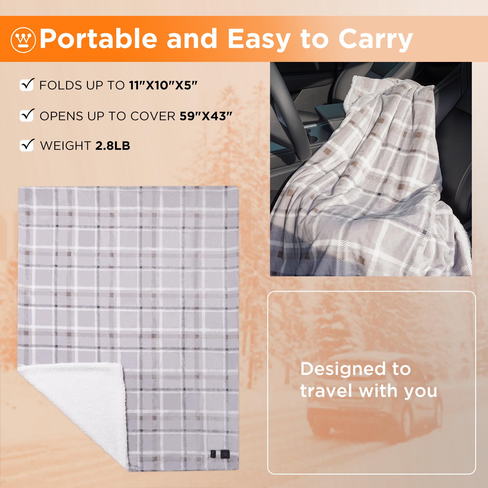 Westinghouse Heated Car Blanket, 12-Volt Electric Blanket for Car, Truck, SUV, RV, Portable Heated Throw for Camping, Beige Buff