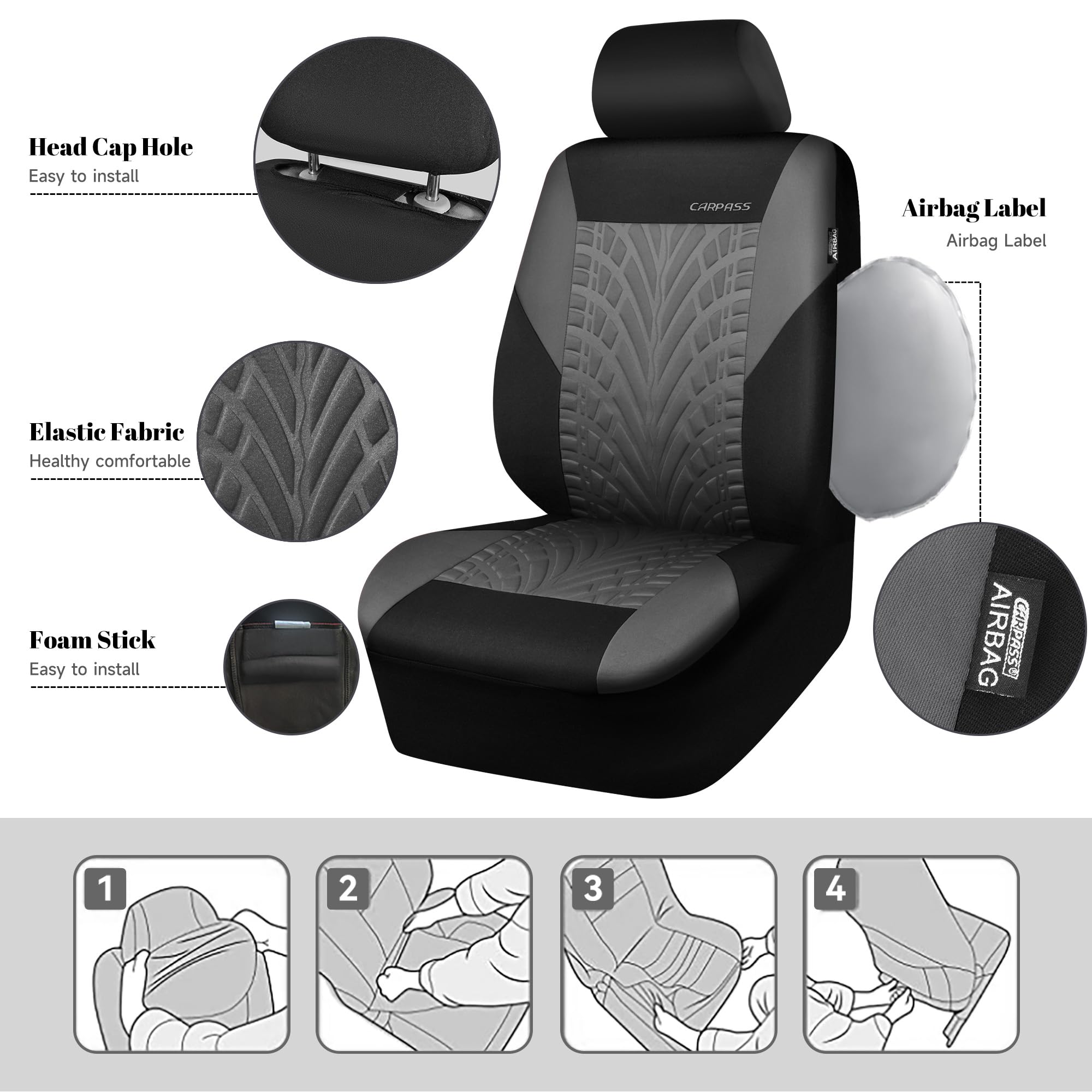 Car Pass Car Seat Covers Full Sets, Front & Split Rear Bench For Car, 3D Tyre Embossed Automotive Interior Covers, Airbag Compat