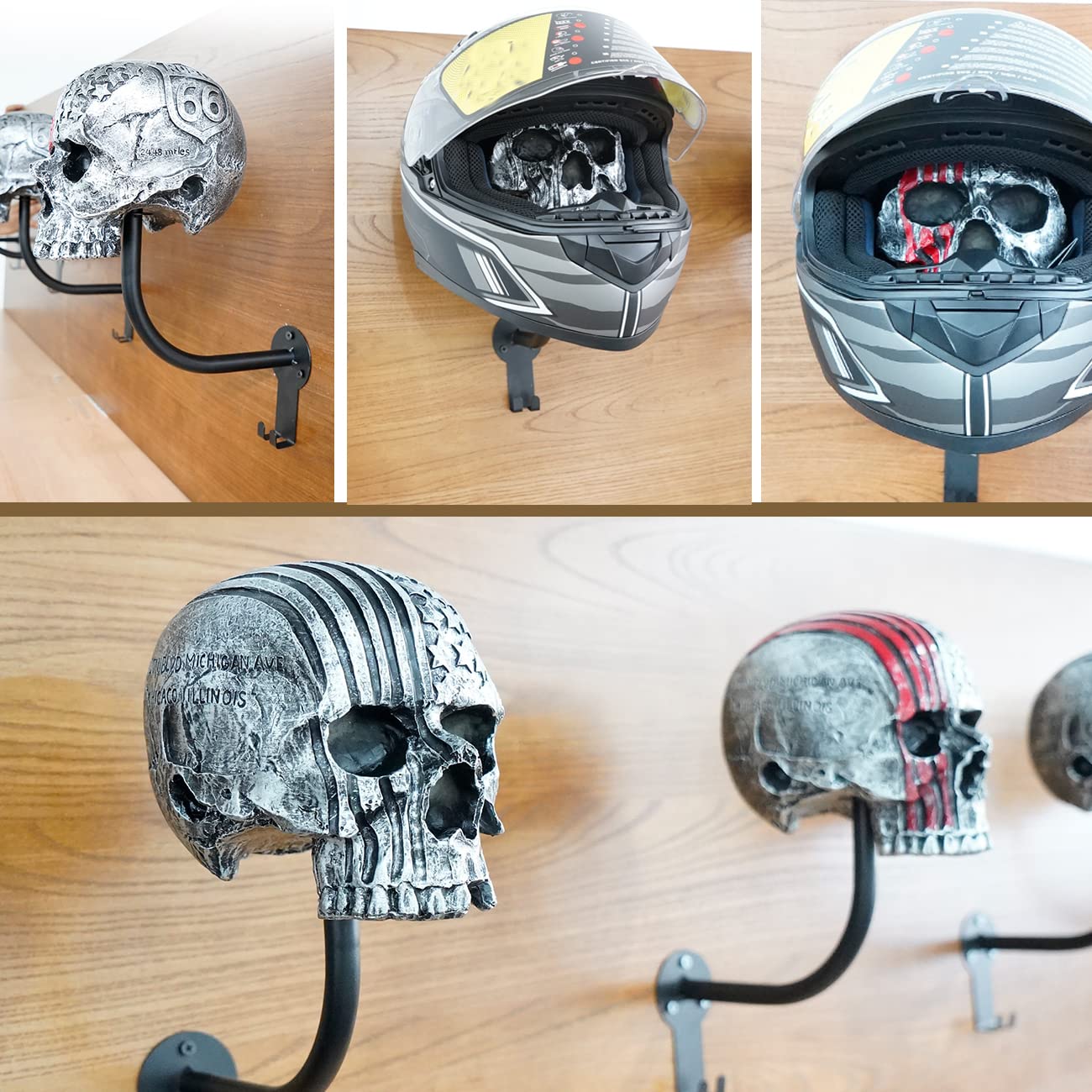 Tooyuart Helmet Holder,Skull Helmet Holder Wall Mount Helmet Rack With 2 Hooks Helmet Hanger For Coats,Caps,Baseballs,Rugby Helm