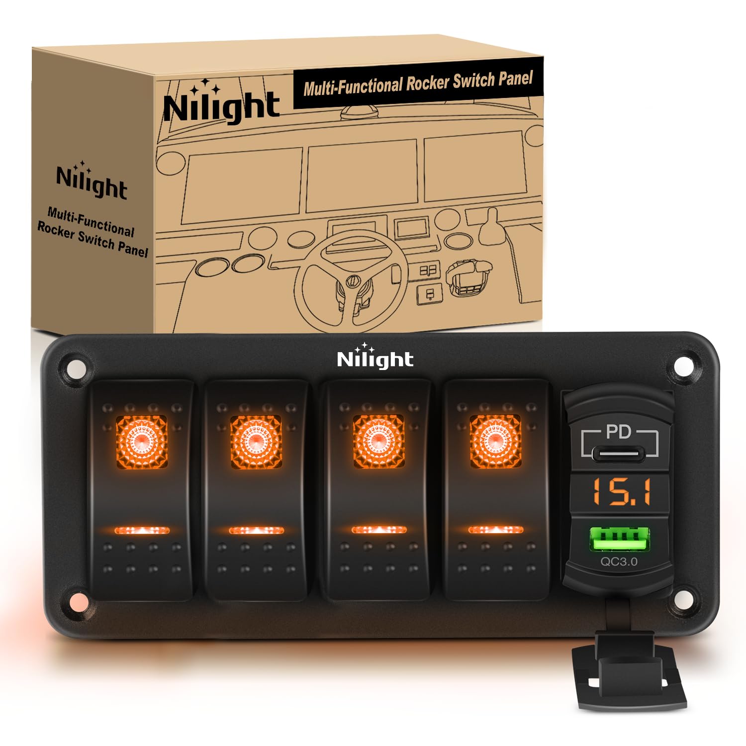 Nilight 4 Gang Rocker Switch Panel With Pd Type C And Usb Charger Voltmeter 12V Spst On Off Toggle Switches With Orange Backlit