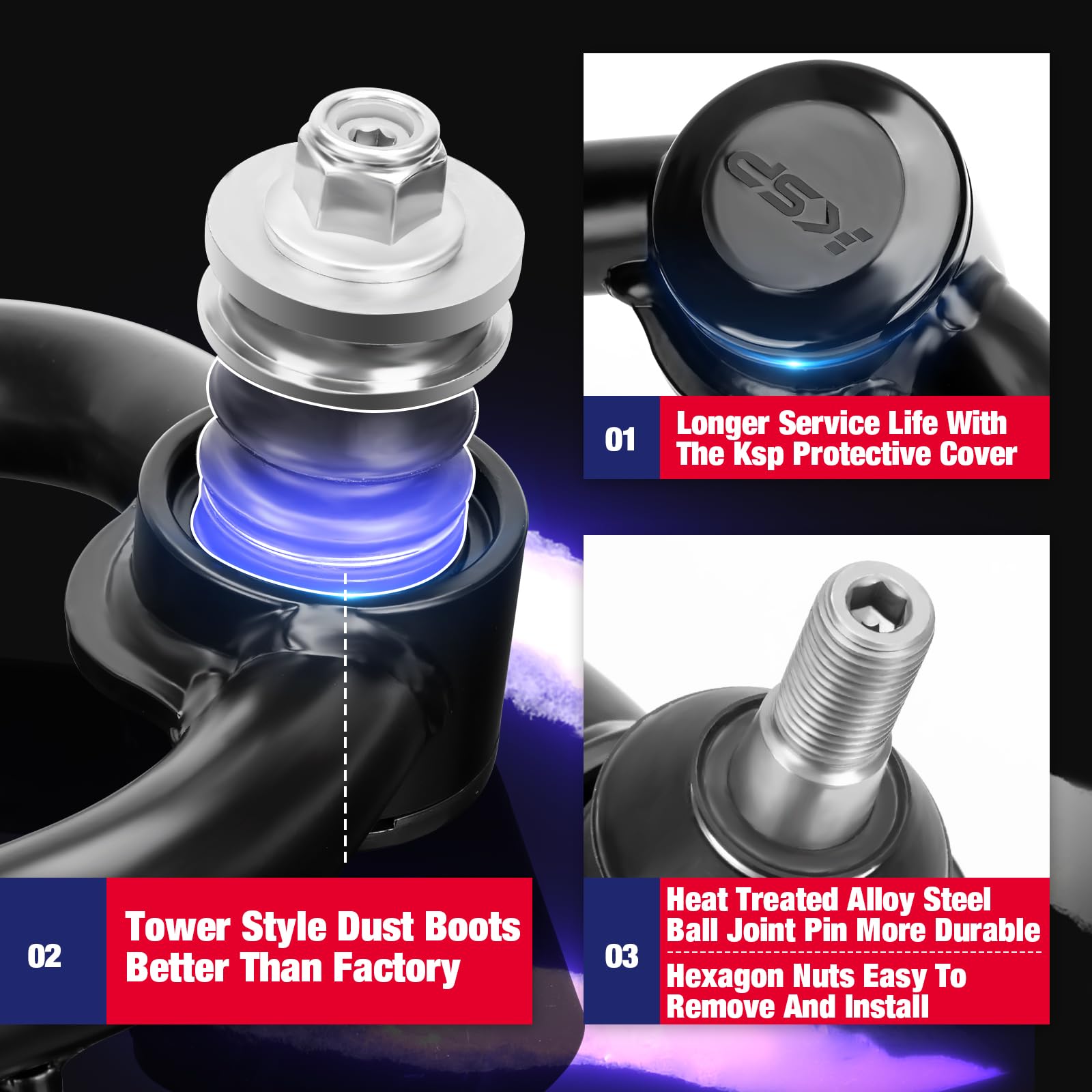 KSP PERFORMANCE Front Upper Control Arms for Toyota Tacoma 4Runner, 2-4 Adjustable Tubular A-Arm, Black, 1995-2002 Model, 2 PCS