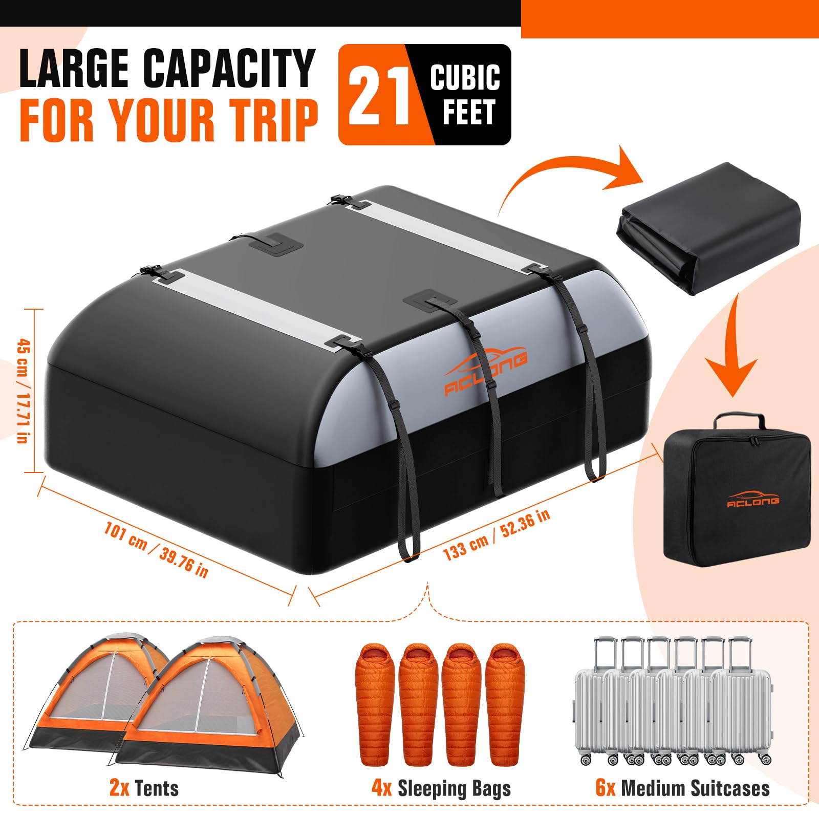 ACLONG Car Roof Bag 21 Cubic Feet 840D Waterproof Rooftop Cargo Carrier Bag for All Cars with/Without Racks Includes Anti-Slip M