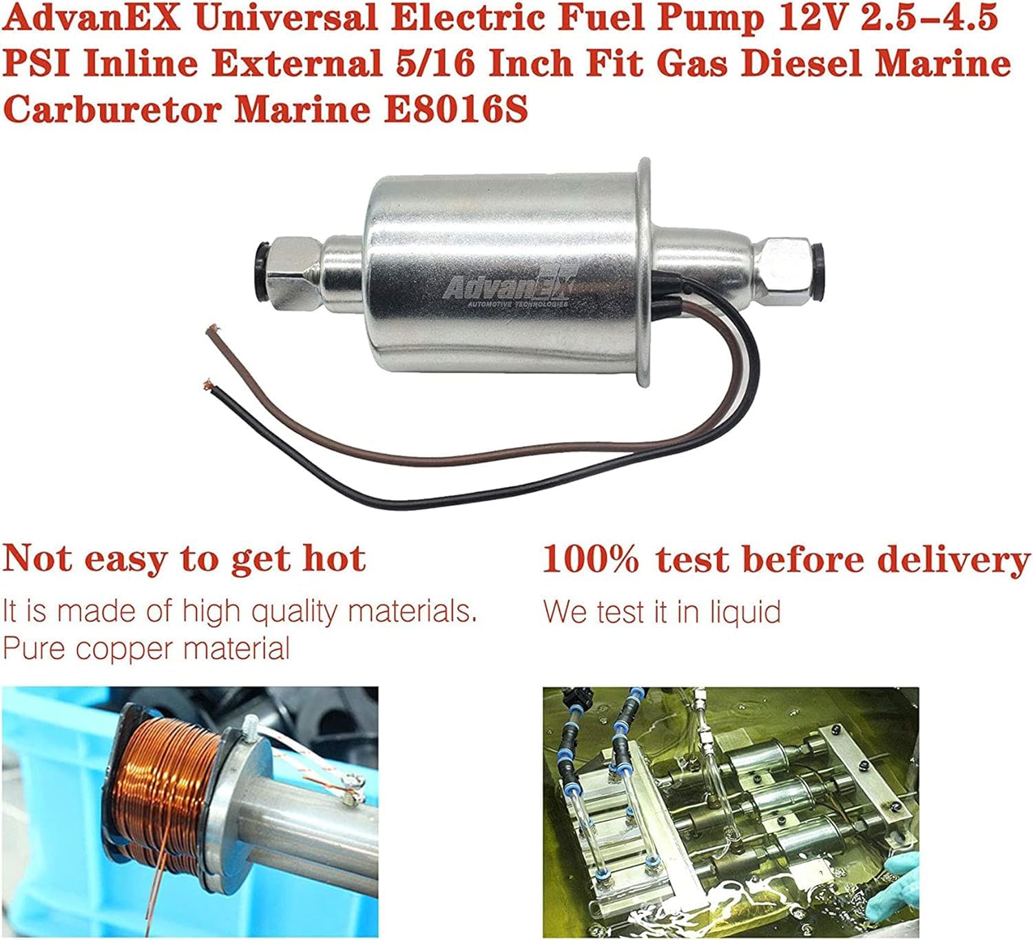 Advanex Universal Electric Fuel Pump 12V 2.5-4.5Psi Inline External 5/16 Inch Compatiable With Gas Diesel Marine Carburetor Marine E8016S