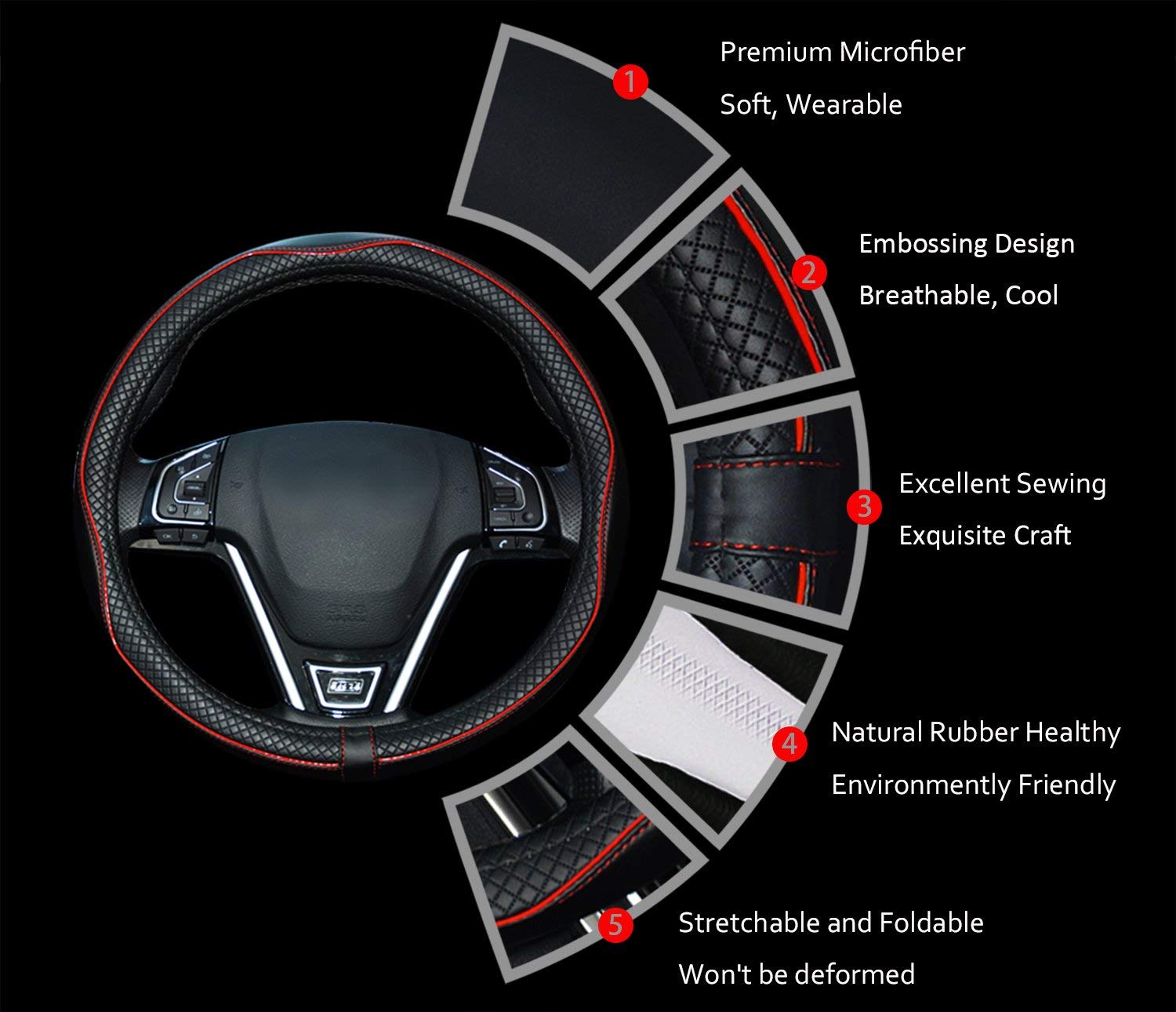 Rueesh Microfiber Leather Car Steering Wheel Cover, Soft Padding, Durable, No Smell, Universal 15 Inch Steering Cover, Anti-Slip