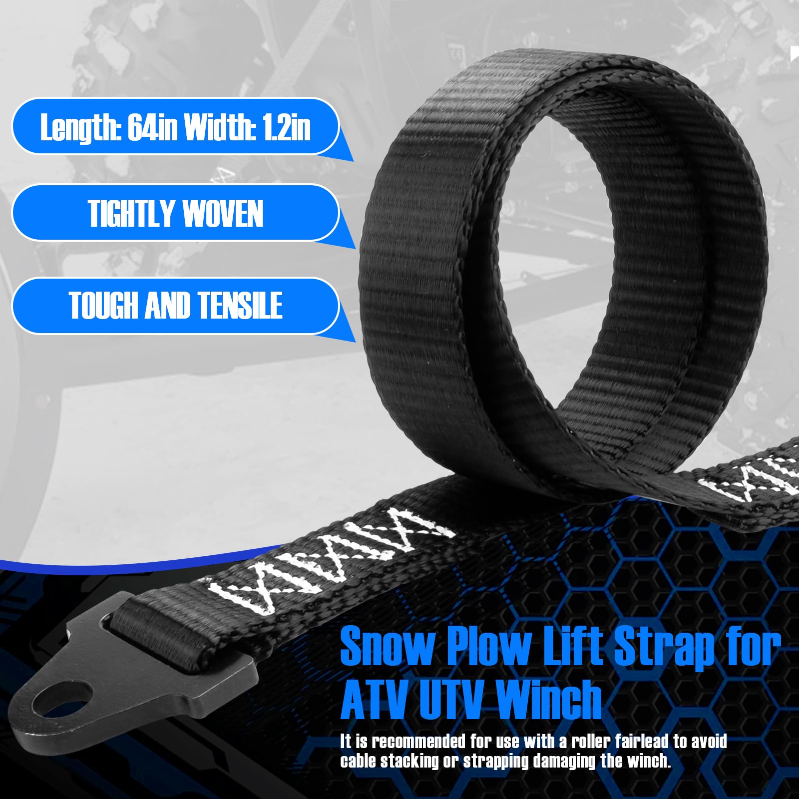 Alocs Plow Strap for ATV UTV Winch, 64 Inch Heavy Duty Alloy Steel, Blue, Model 1, Snow Plow Lift Strap for Standard/Wide Winches
