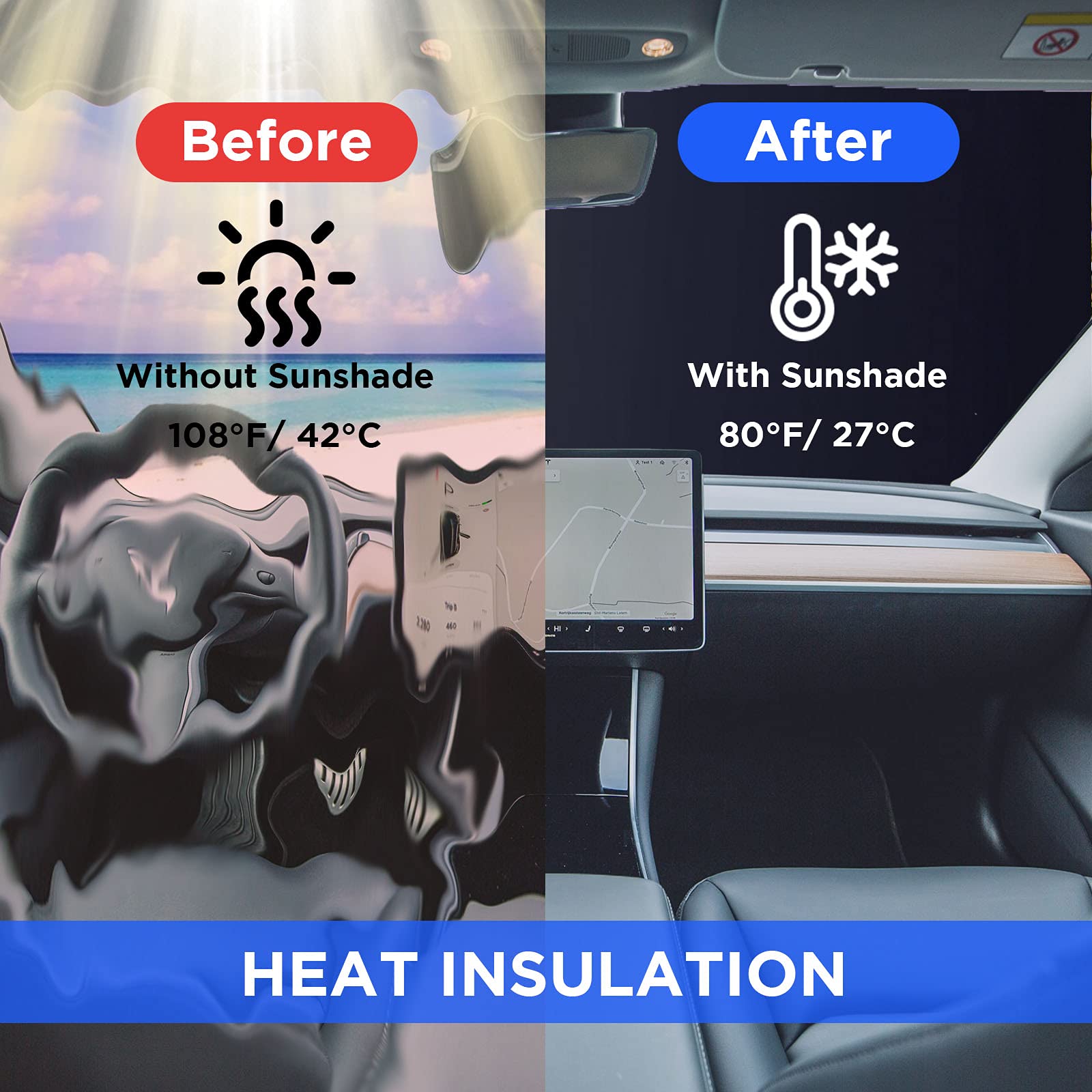 Nestour Tesla Model 3 Model Y Front Windshield Sunshade, Double-Layer Shade Fabric With Uv/Heat Insulation Film, Foldable Cover Sun Visor Protector