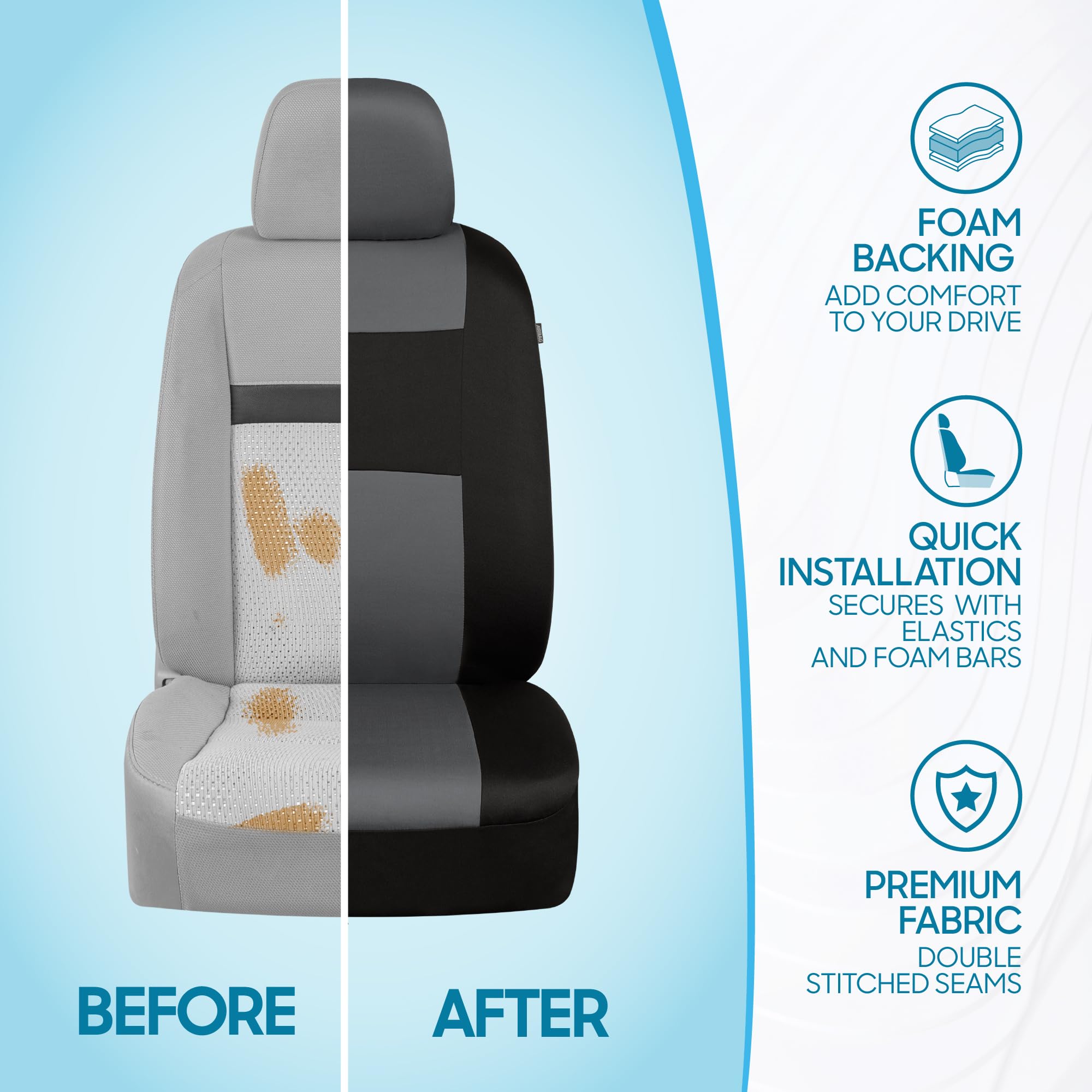 BDK PolyPro Car Seat Covers Full Set in Gray on Black, Front and Rear Split Bench Seat Covers for Cars, Easy to Install Car Seat Cover Set, Car Accessories for Auto Trucks Van SUV - Gray