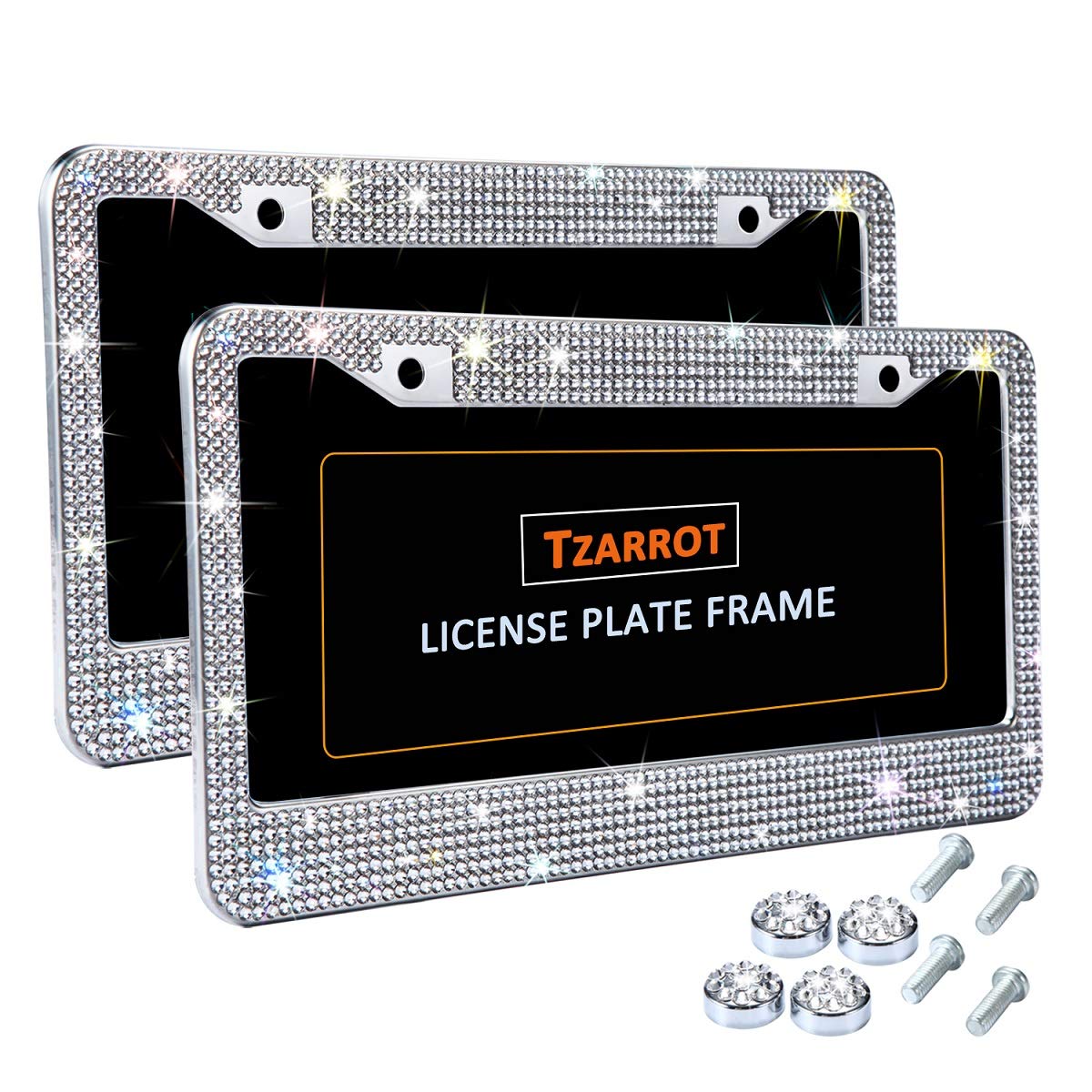 Tzarrot Bling License Plate Frame For Women, Universal Rhinestone License Plate Frame Rust Proof Metal, Bling Car Accessories Fo