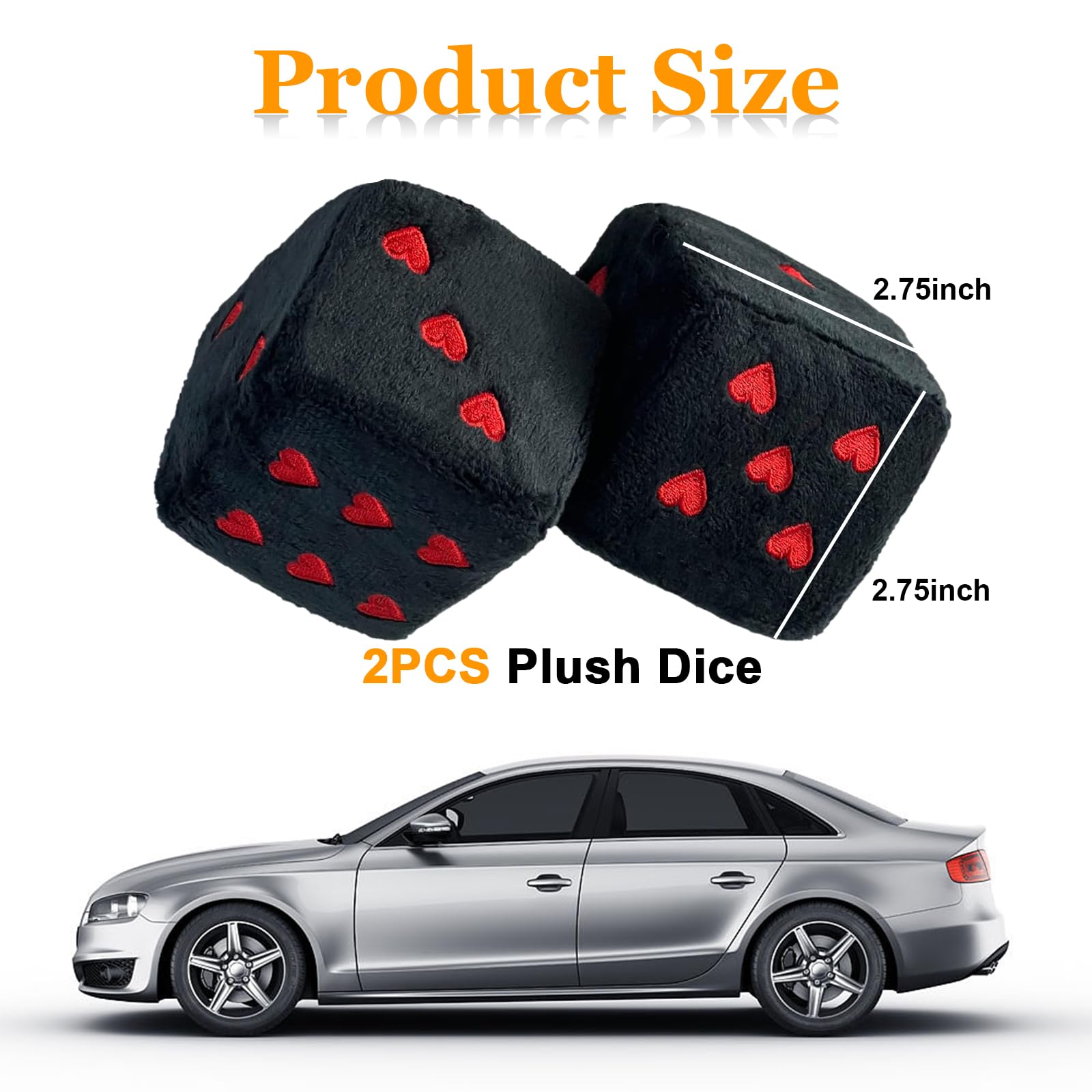Ziciner Pair Fuzzy Plush Dice for Car Mirror, 3'' Retro Square Dice with Heart-Shape, Universal Auto Rearview Mirror Hanging Orn