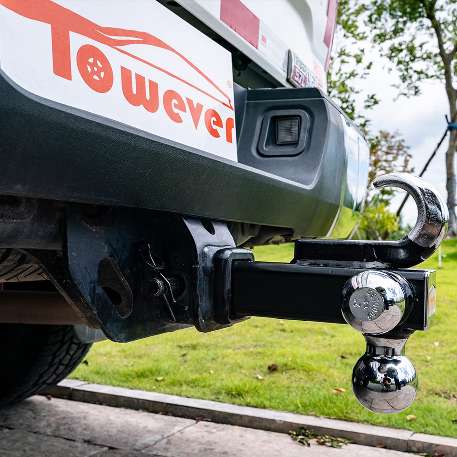 Towever 84180 Towever Trailer Hitch Tri Ball Mount With Hook, 3 Ball Hitch Fit For Towing Hitch 2 Inch Receiver (Hollow Shank Tow Hitch, Black&Chrome) Towever