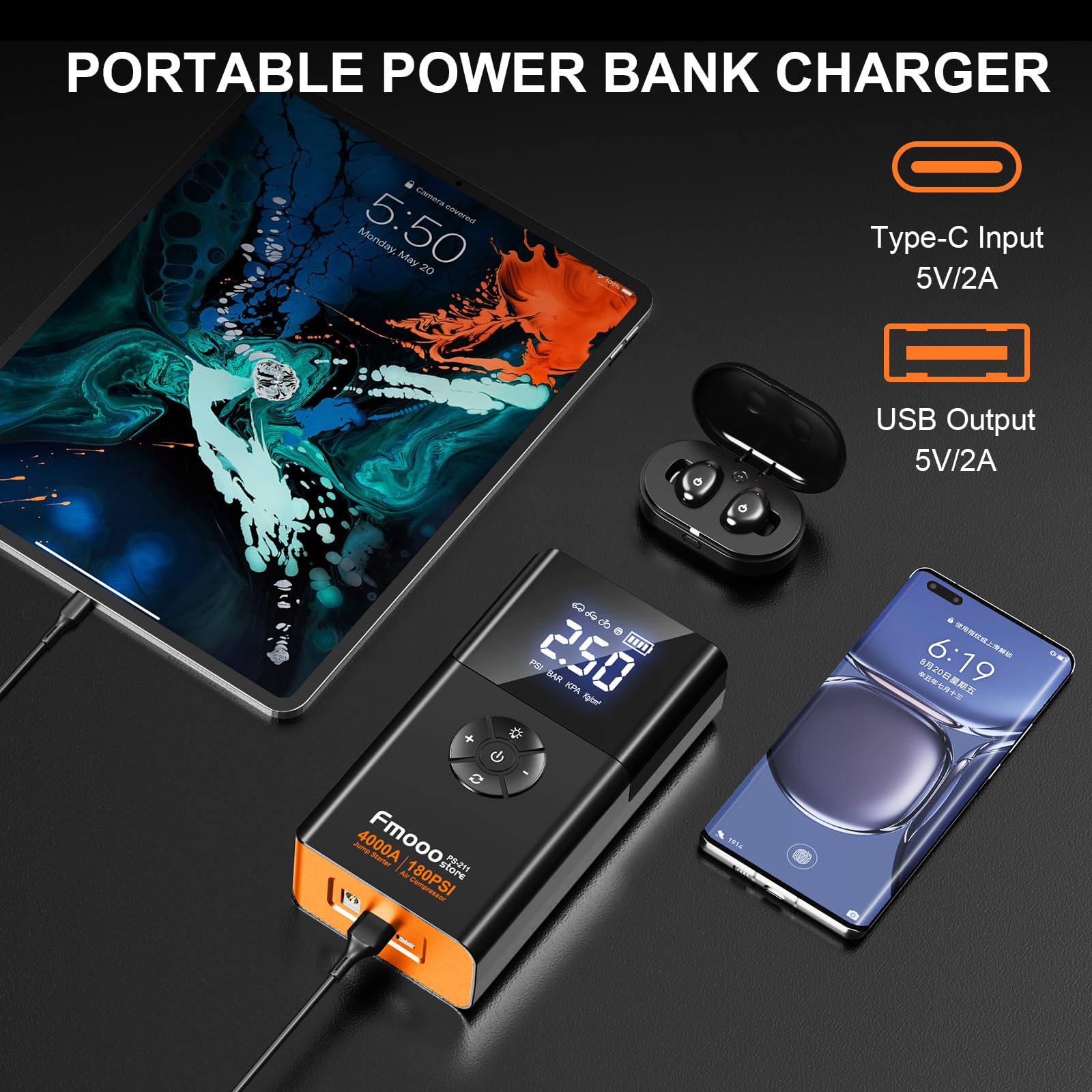 fmooostore Portable Car Jump Starter with Air Compressor 4000A 180PSI - Orange, ABS Plastic, Model PS-211