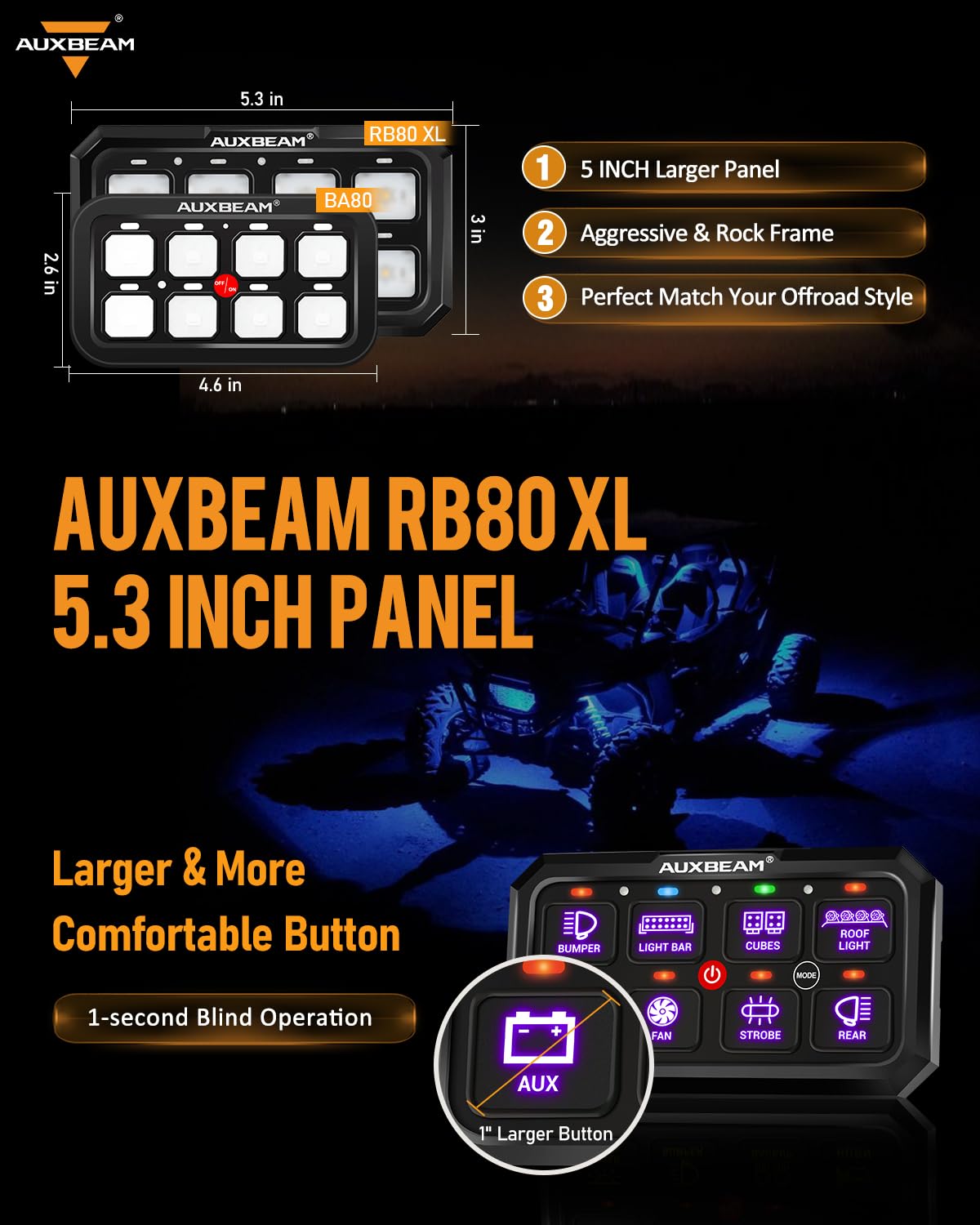 Auxbeam Rgb 8 Gang Switch Panel 5.3 Inch Rb80 Xl With Off Backlight Toggle Momentary Pulsed Switch Pod For Truck Atv Offroad Marine Multifunction Waterproof Circuit Relay System Box, 2 Years Warranty