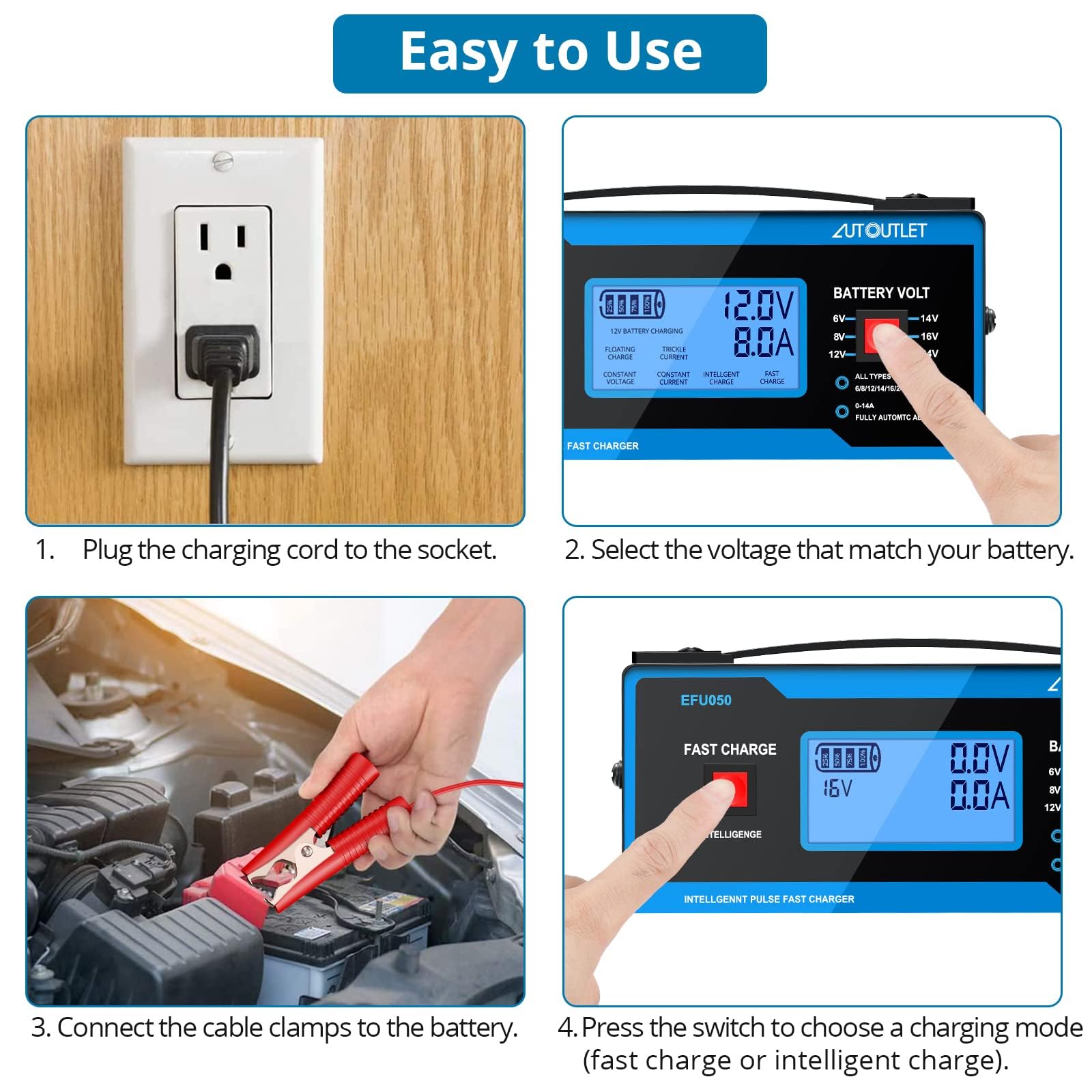 Autoutlet 8 Volt Battery Charger Automotive Battery Charger And Maintainer 0-10A With Upgraded Cable Clamps For 6/8/12/14/16/24V Lead-Acid Batteries