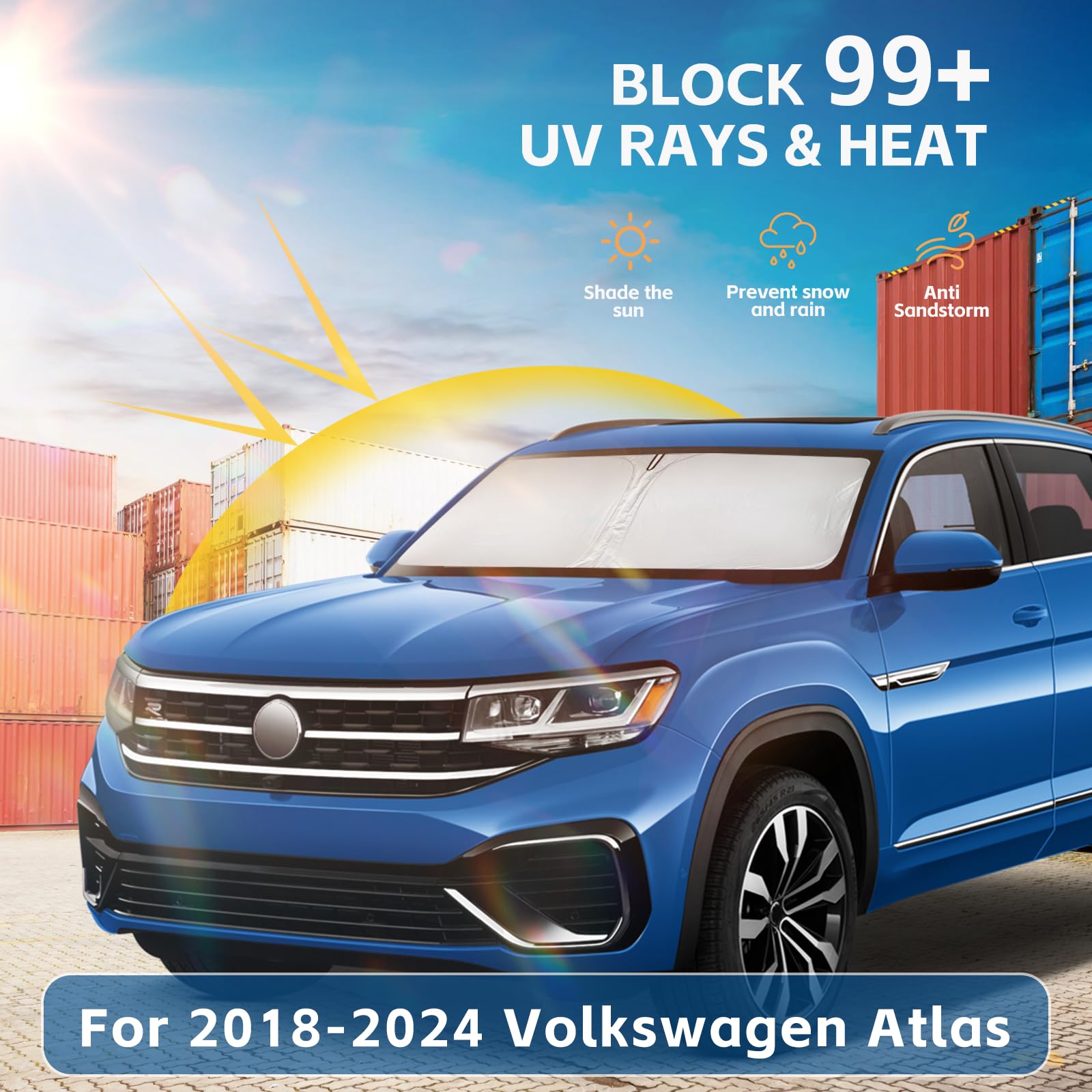 Windshield Sun Shade For Volkswagen Atlas 2018-2025 Double Layer 240T Front Window Shade Custom Fit Atlas Sun Visor Foldable Sha