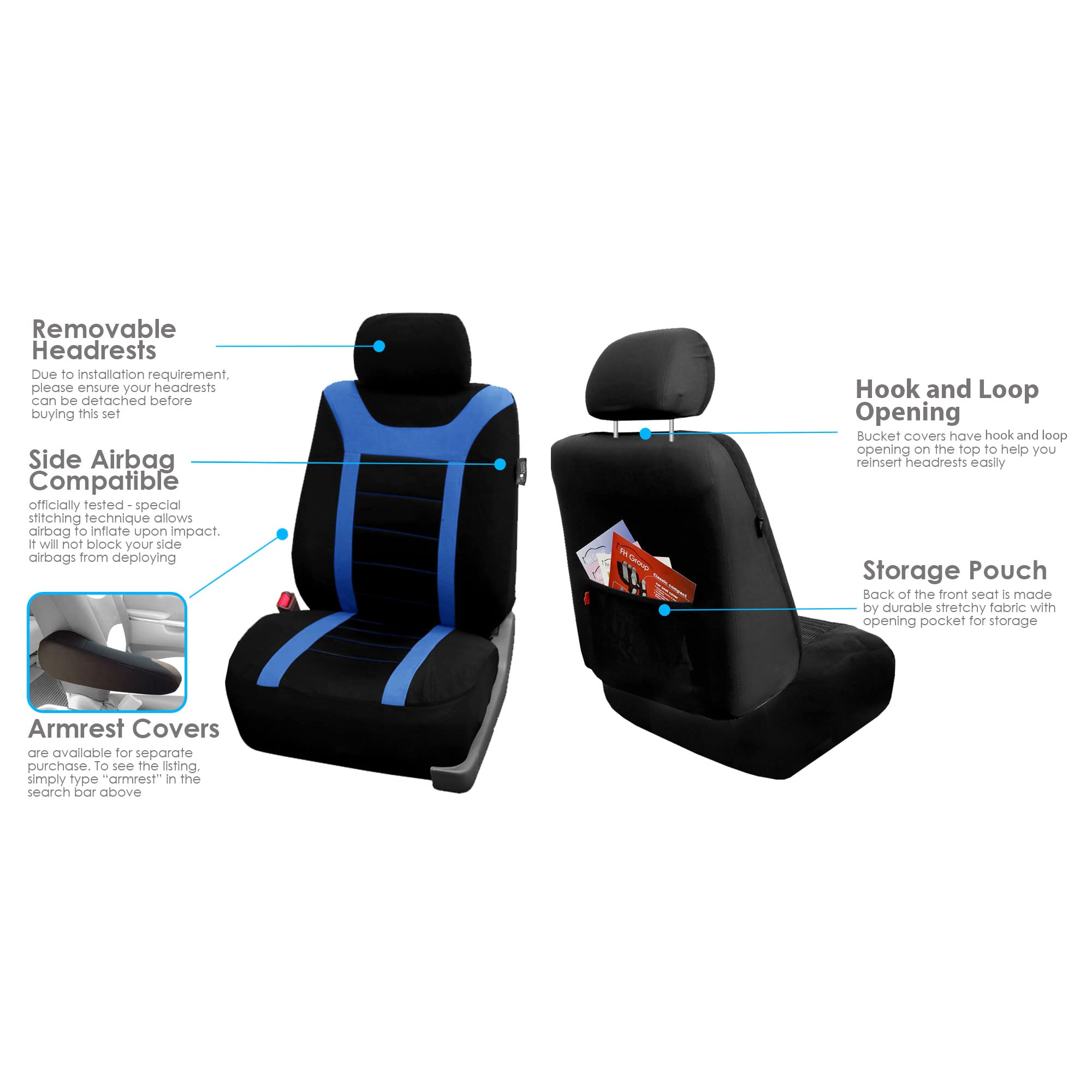 Fh Group Car Seat Covers Sports Seat Covers Front Seats Only, Airbag Compatible Blue Black Automotive Seat Cover Combo Small Car