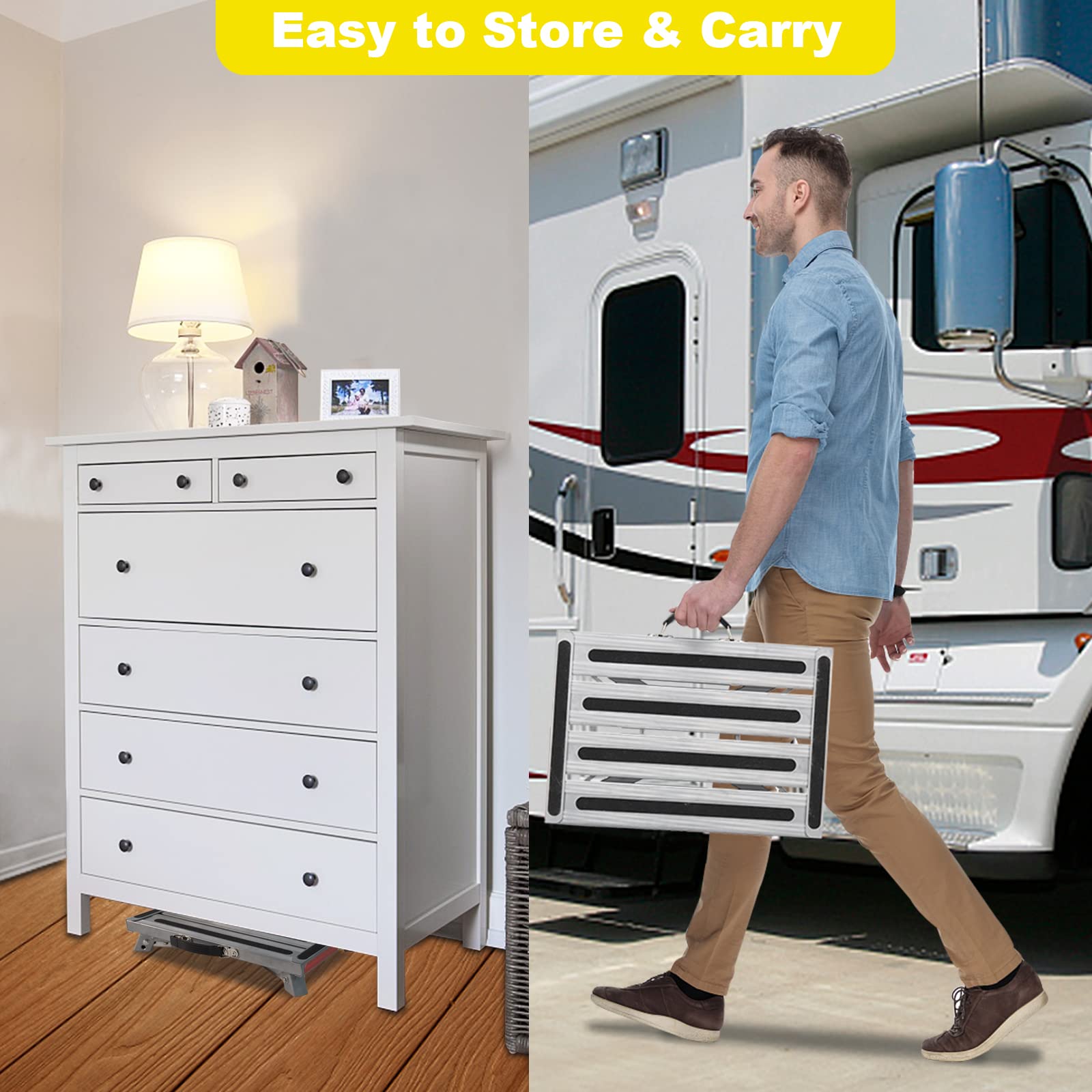 Safety Rv Steps, Yagud Height Adjustable Folding Platform Step With 17 X 12 Anti-Slip Surface, Rubber Feet, Handle, Reflective Strips, And T Level, Aluminum Rv Step Stool Supports Up To 1000Lbs