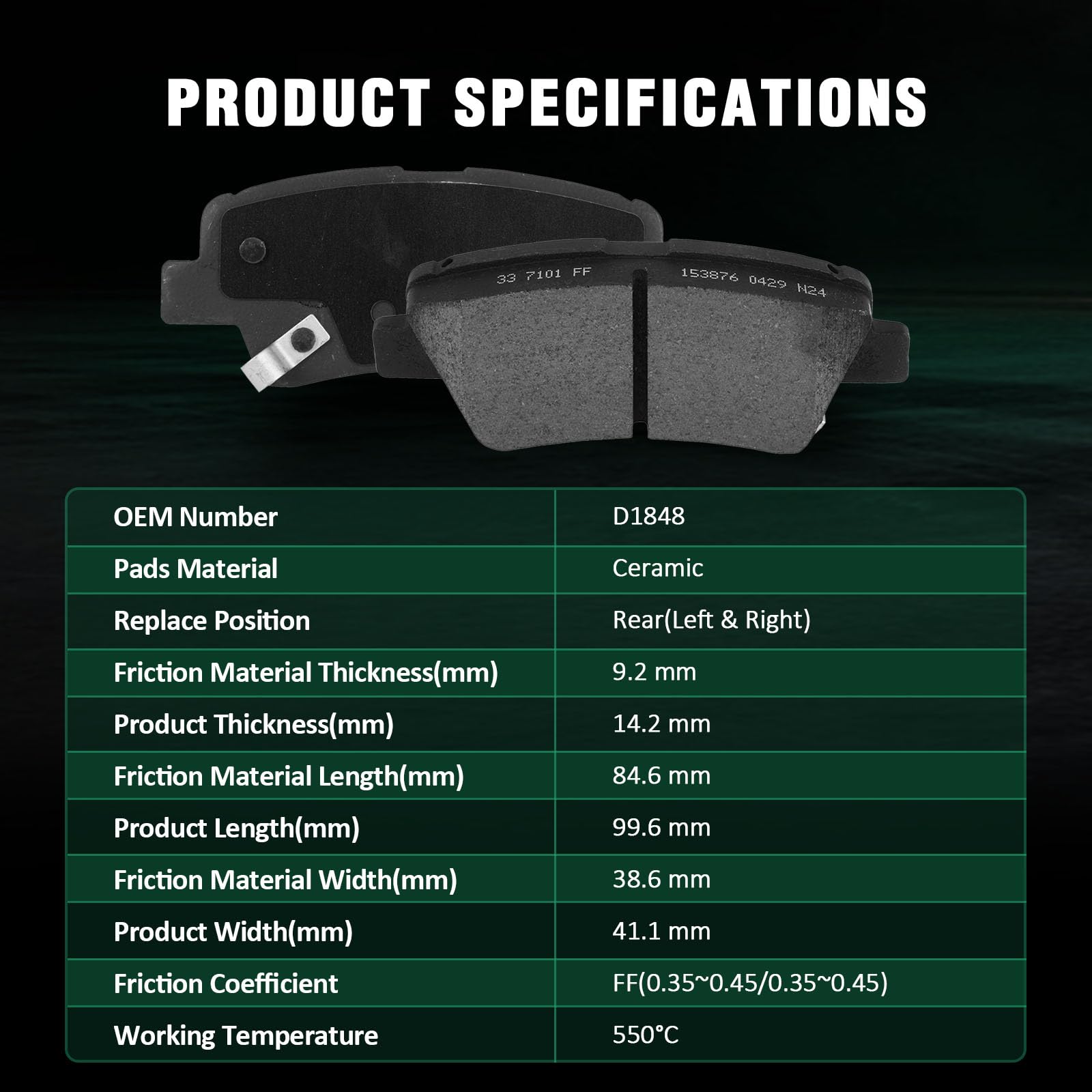 Automuto 4Pcs Rear Ceramic Disc Brake Pads Set D1848 For Hyundai Tucson 2016-2021,For Kia For Sportage 2017-2021